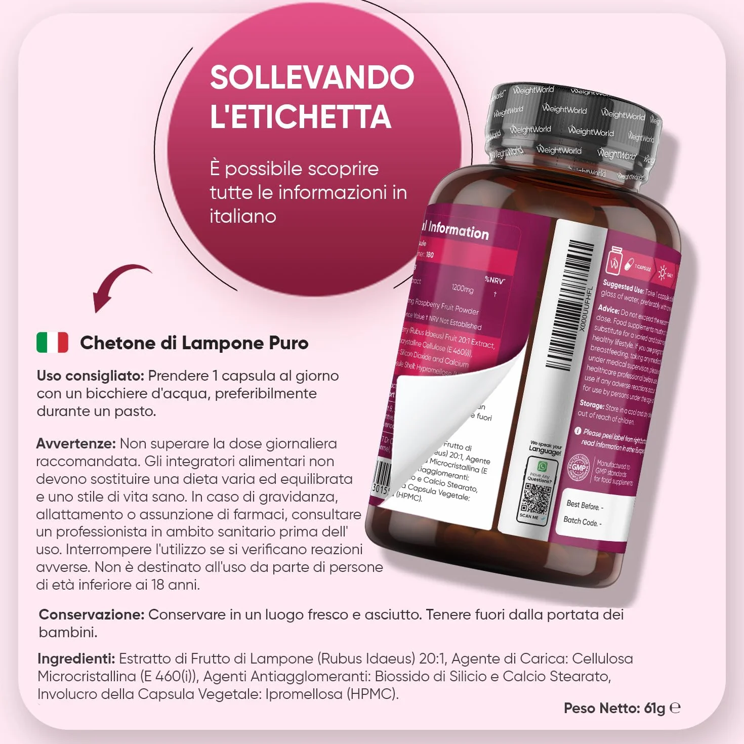 Integratore Chetoni di Lampone Puro 180 Capsule Vegane 1200mg 20:1 Estratto