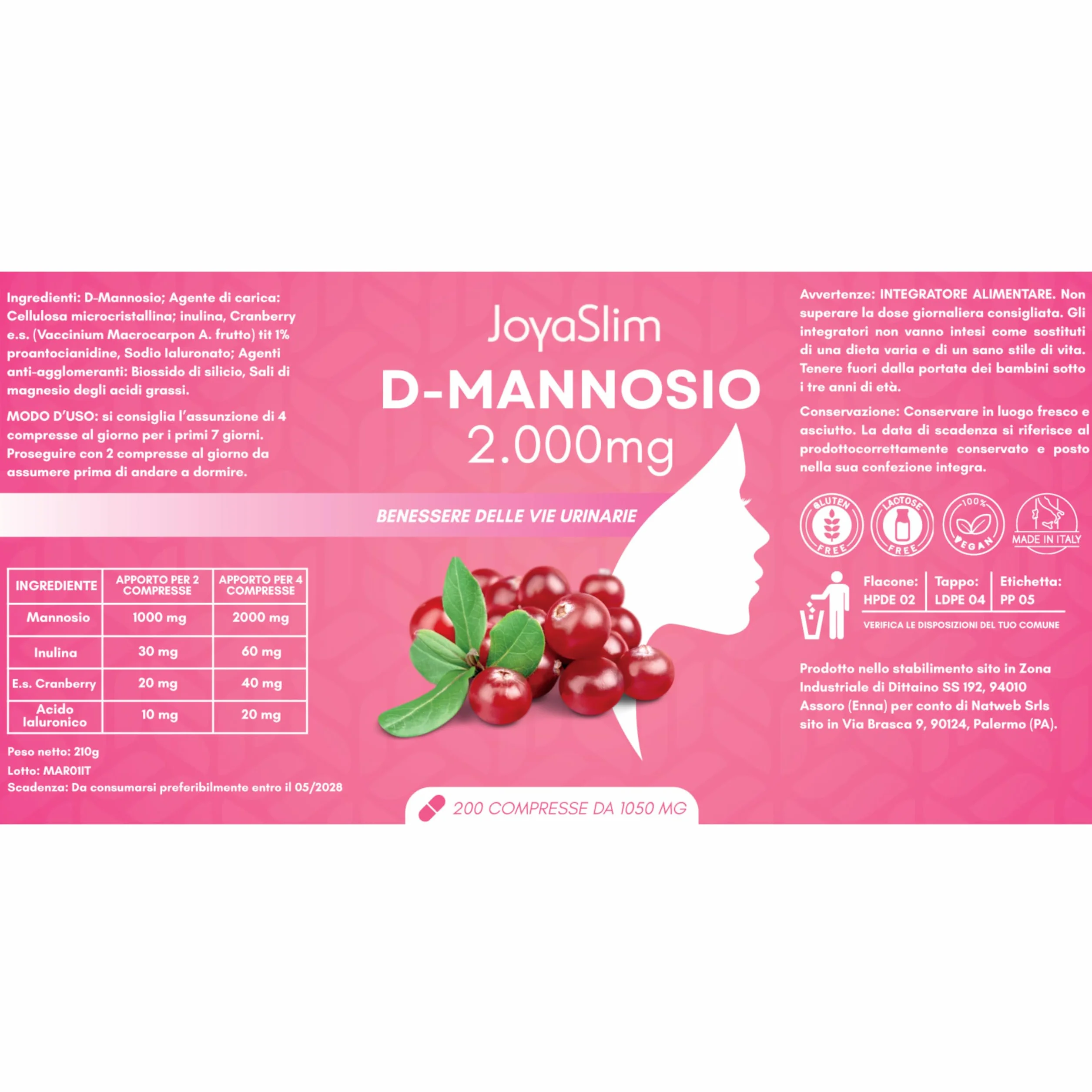 D Mannosio Puro 2000mg. JoyaSlim® Integratore Cistite e Candida. Con Acido Ialuronico, Mirtillo Rosso e Inulina. 200 Compresse (Fornitura 3 Mesi) Supporto Naturale Vie Urinarie Donna e Uomo