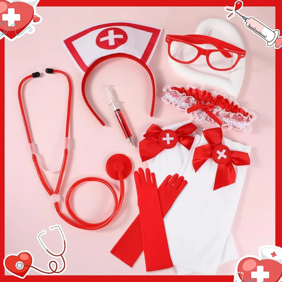 Costume infermiera Halloween Set con cappello, stetoscopio, giarrettiera, calze rosse e penna siringa