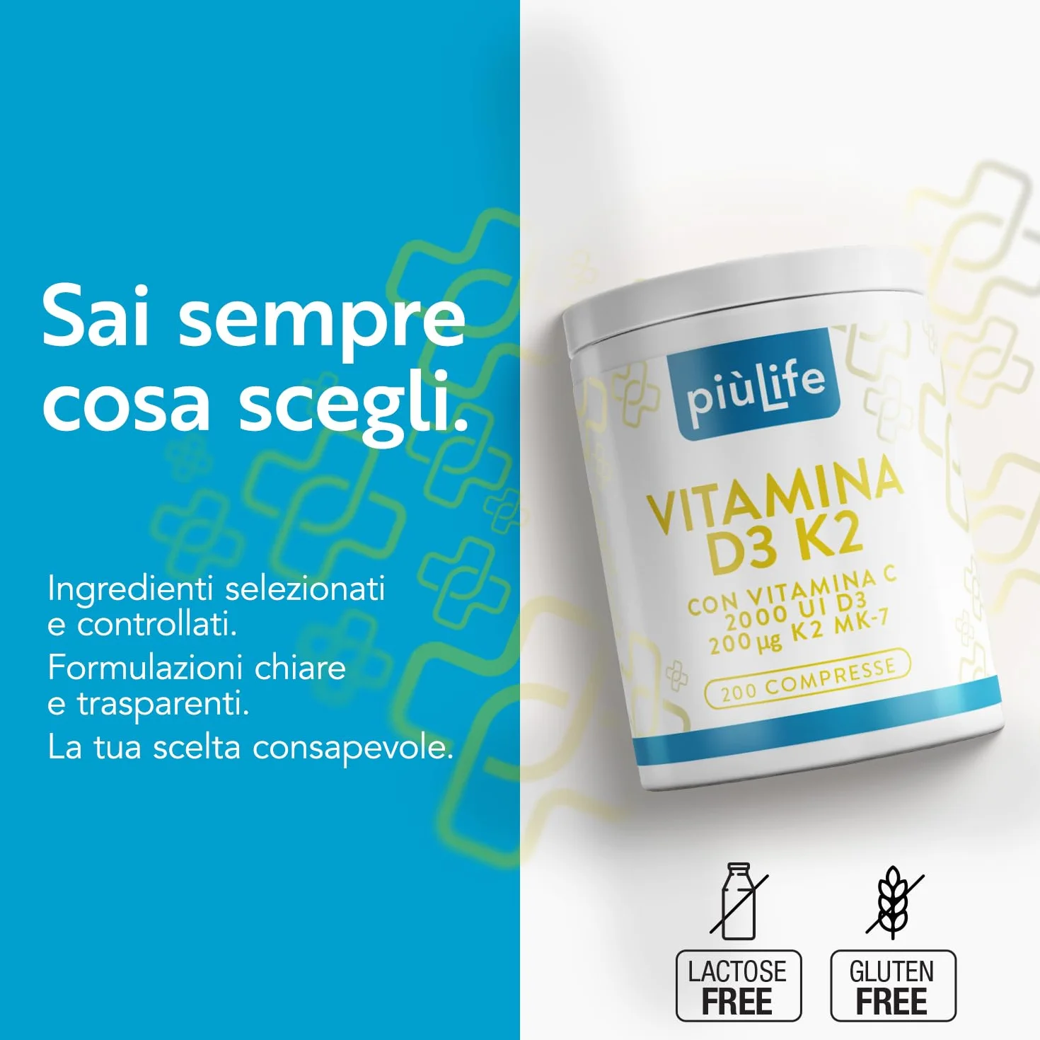 Vitamina D3 K2 Mk7 Con Vitamina C PiùLife – 200 Compresse – 1 Al Giorno, Vit D3 2000 UI, K2 200µg – Sostiene ossa forti, difese naturali e l’equilibrio di calcio e fosforo