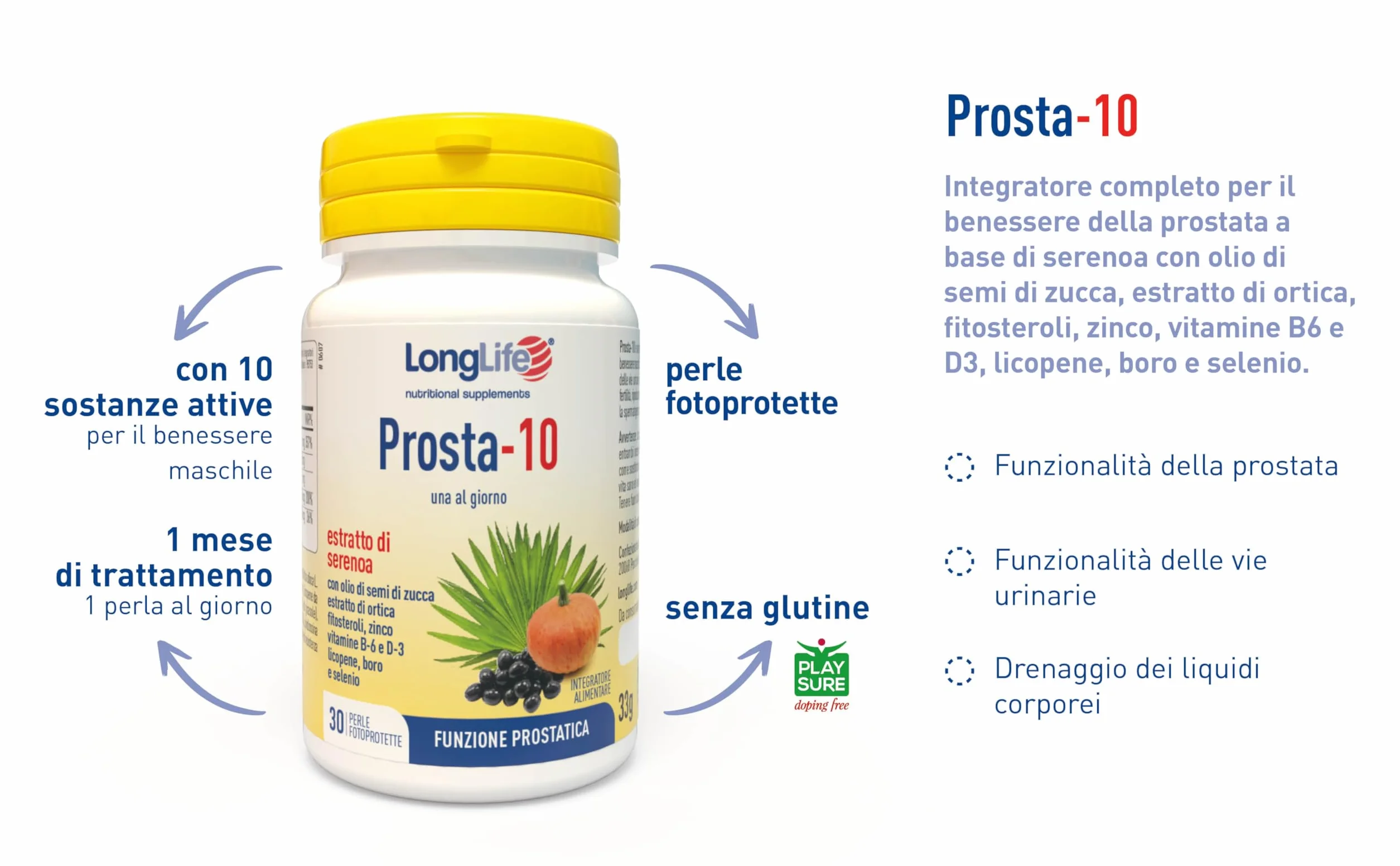 LongLife® Prosta-10 Integratore Serenoa 85% Acidi Grassi Liberi Prostata Vie Urinarie 1 Mese Trattamento Senza Glutine