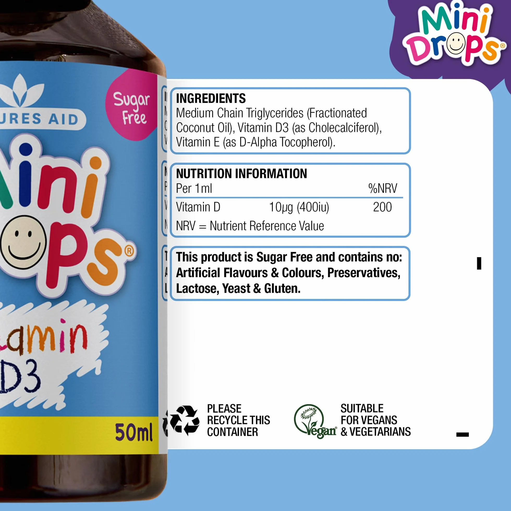 Natures Aid Mini Drops Vitamina D3 50ml per Neonati e Bambini, Supporto per Ossa, Denti e Sistema Immunitario, Senza Zucchero, Vegano, Senza Glutine, Sostegno alla Crescita per Bambini da 0 a 5 Anni