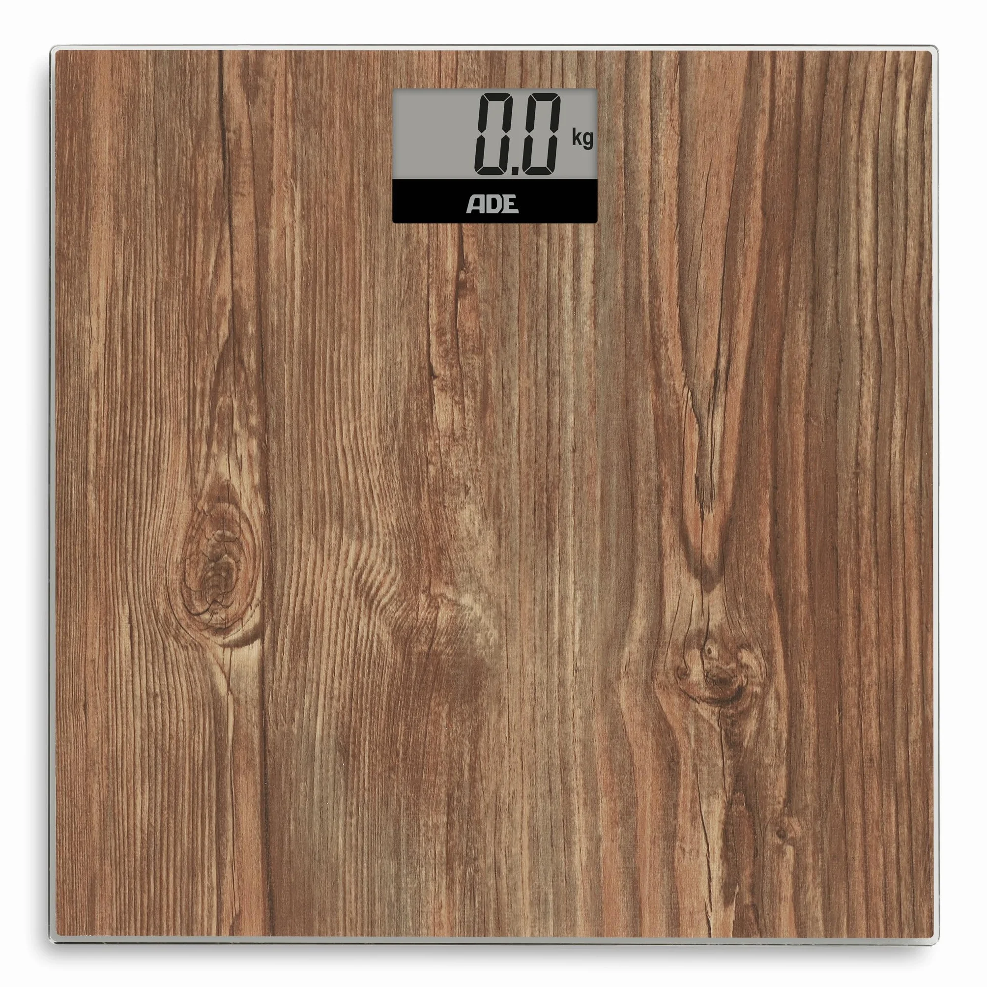 ADE Bilancia pesapersone digitale in accogliente look legno | ampio display | superficie di pesatura antiscivolo in vetro di sicurezza | risultati di pesatura accurati | fino a 180 kg