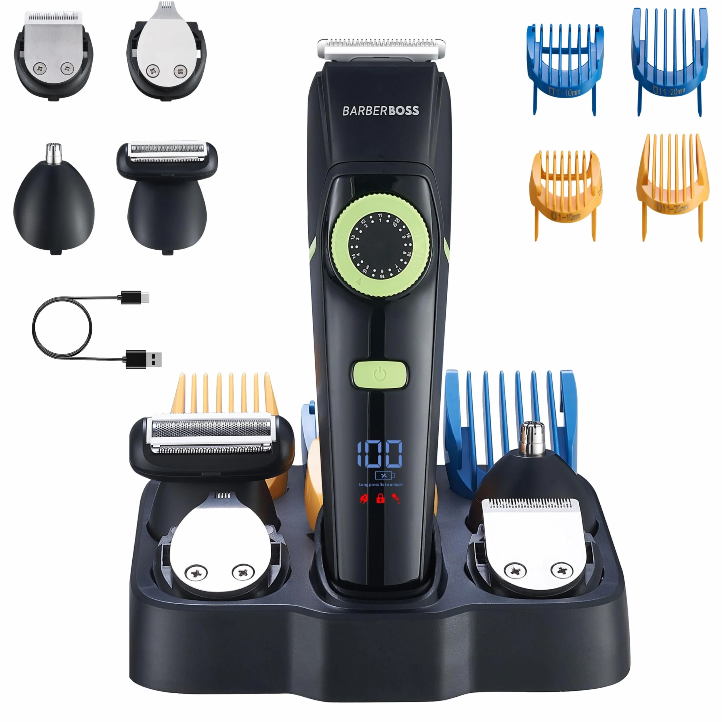 BarberBoss Tagliacapelli da uomo, kit per la cura della barba da uomo, rasoio per orecchie e naso, quadrante di precisione, lama in ceramica, 4 pettini guida, impermeabile, display a LED