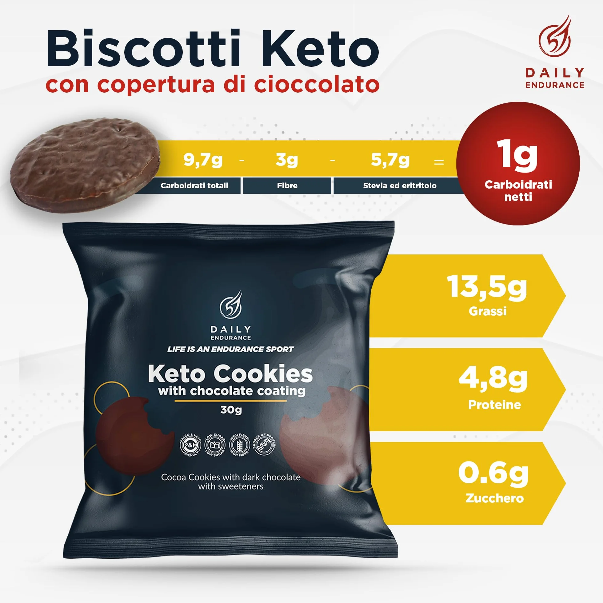Keto Cookies Senza Zucchero 16 Biscotti Keto Rivestiti di Cioccolato Snack Keto 480g Daily Endurance