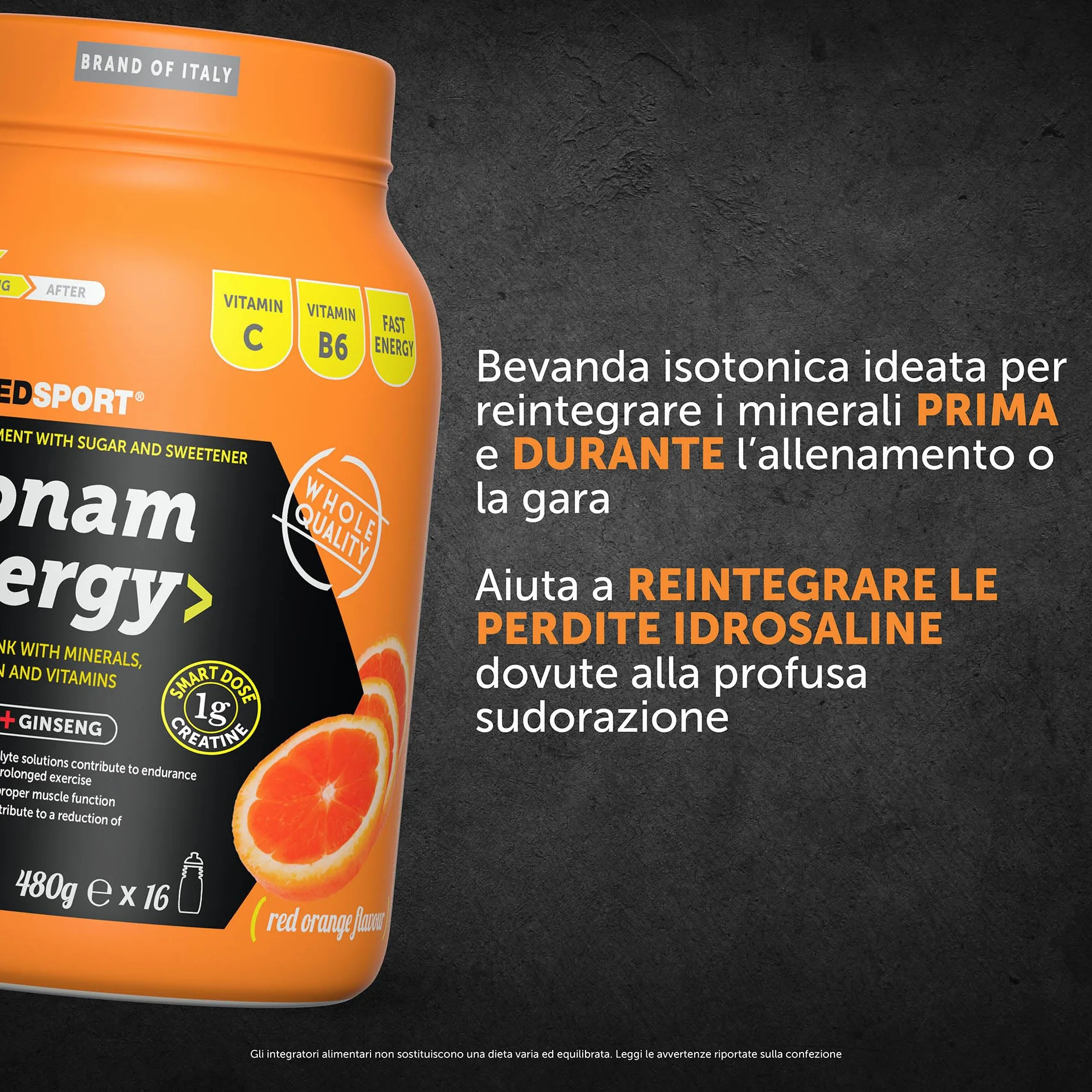 NAMEDSPORT Isonam Energy ORANGE - 480g, Aiuta ad integrare le perdite idrosaline, contribuisce al normale metabolismo energetico, 1 barattolo, contiene 1g di Creatina