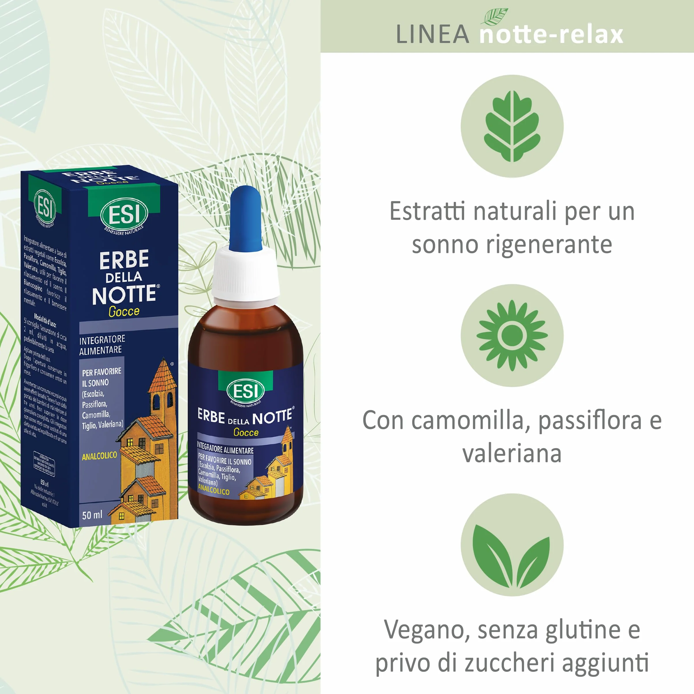 ESI Erbe della Notte Integratore Alimentare Gocce Passiflora Camomilla Valeriana Sonno Ansia Stress Senza Glutine Vegan 50 ml