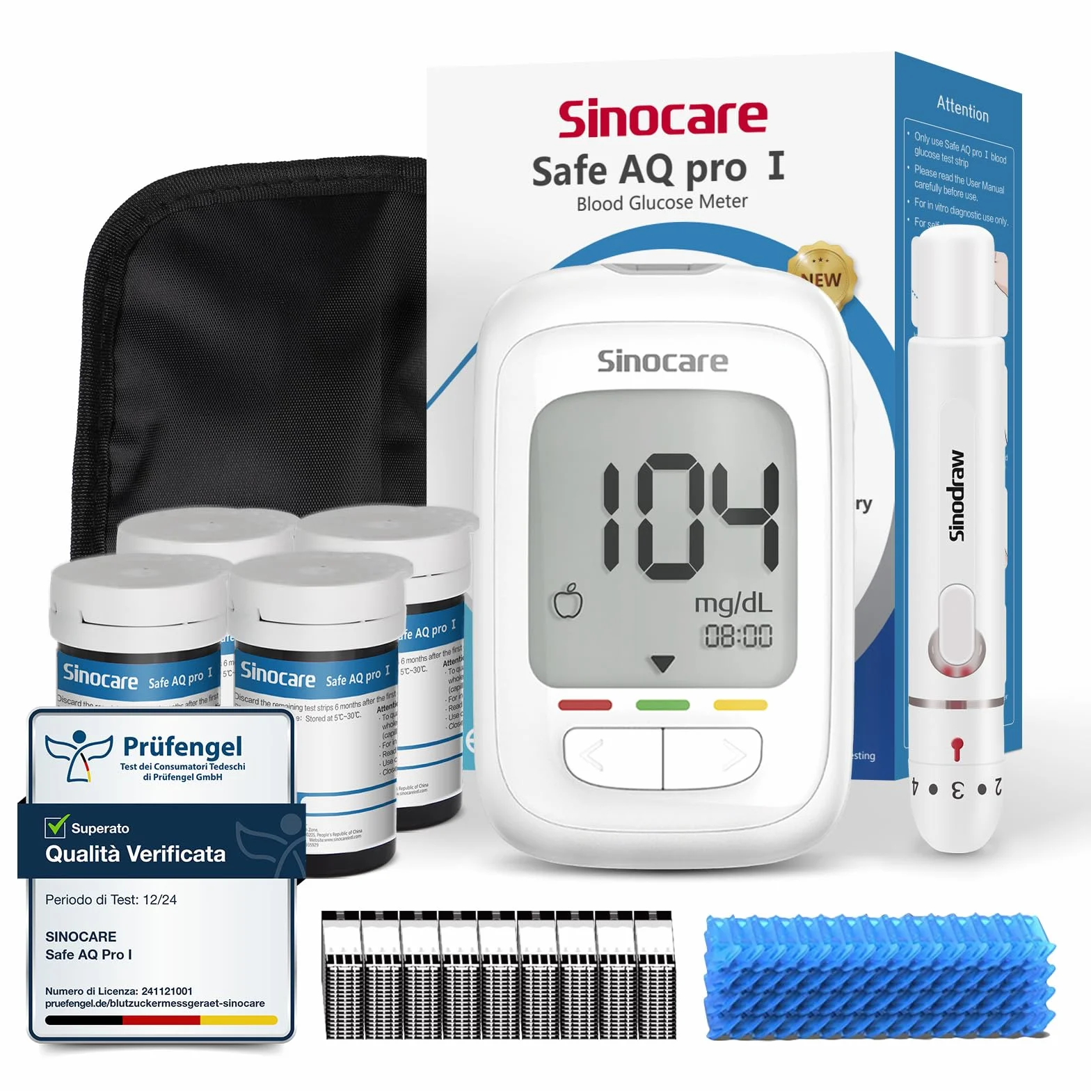 Sinocare Misuratore Glicemia, Glucometro con 100 Strisce e 100 Lancette, Elettrodo d'argento