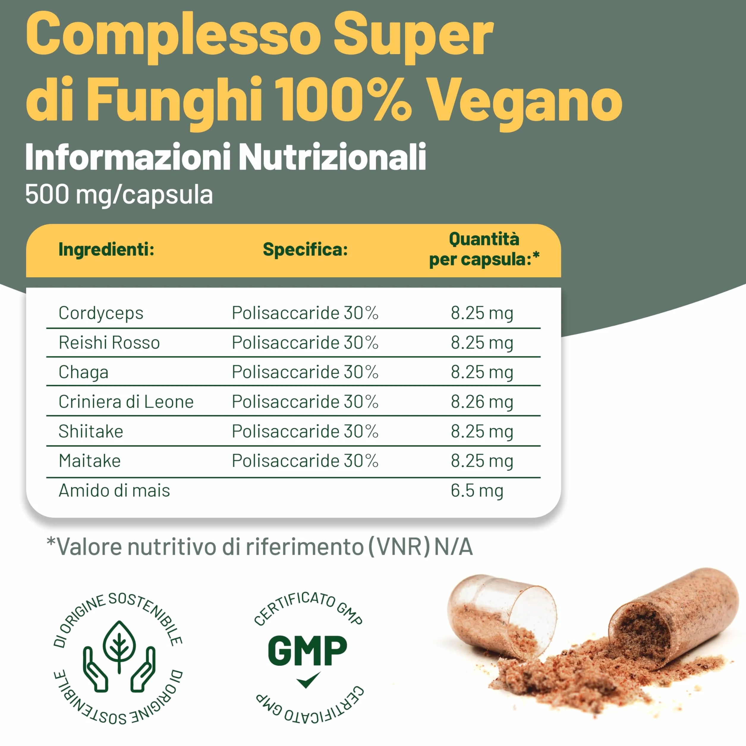 Vegan Vitality Integratore di 6 Funghi: Reishi, Lions Mane, Cordyceps, Chaga, Shiitake e Maitake - 120 Capsule da 500mg – Formula Concentrata