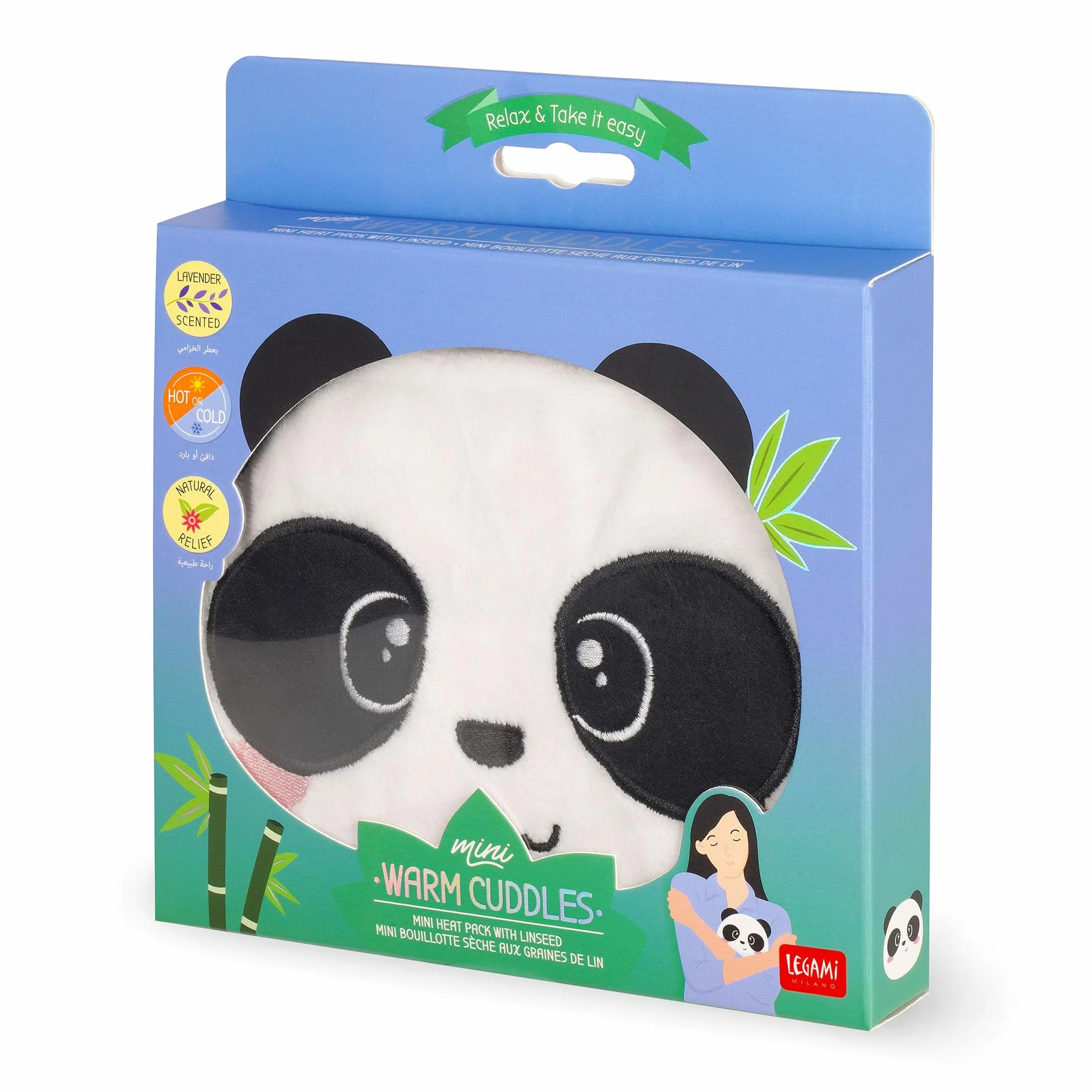 Legami - Mini Cuscino Termico con Semi di Lino, Warm Cuddles, in Semi di Lino, Profumo di Lavanda, Poliestere e Cotone, Dona Relax, Tema Panda, Uso in Microonde o in Frigo, 18 x 19 x 2,5 cm