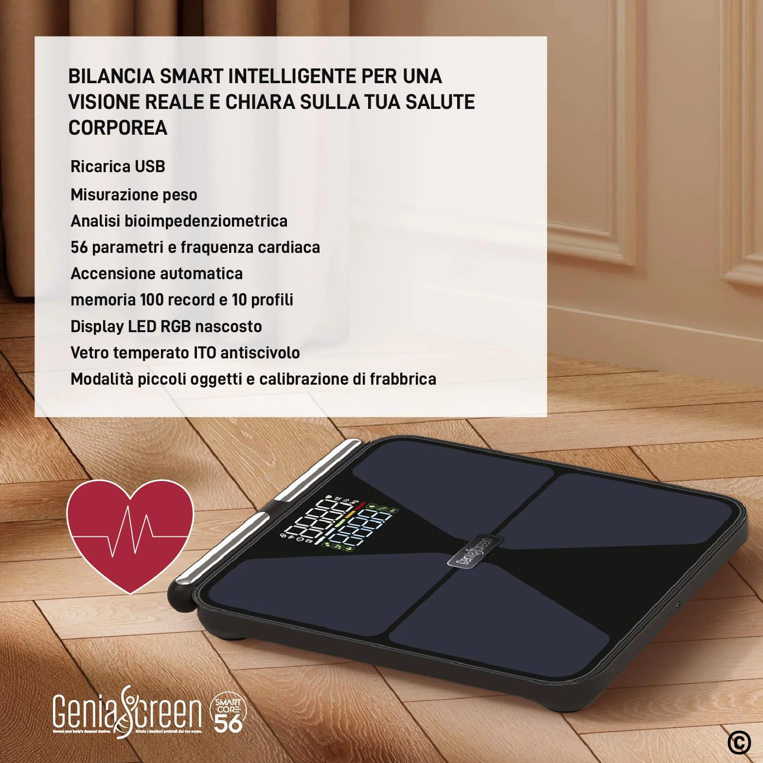 Bilancia Impedenziometrica Smart Wi-Fi Pesapersone Digitale 56 Misurazioni Vetro Temperato 32x30cm 180Kg GeniaScreen SmartCore Display LED Bluetooth