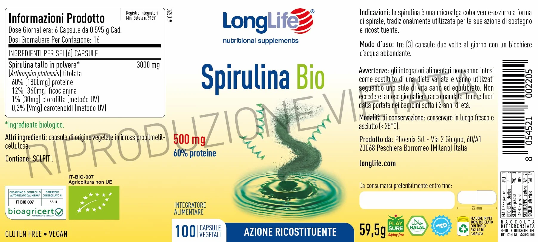 LongLife Spirulina Bio 100 capsule vegetali | Alga spirulina titolata in proteine, ficocianina, clorofilla e carotenoidi | Biologica | Vegano e senza glutine