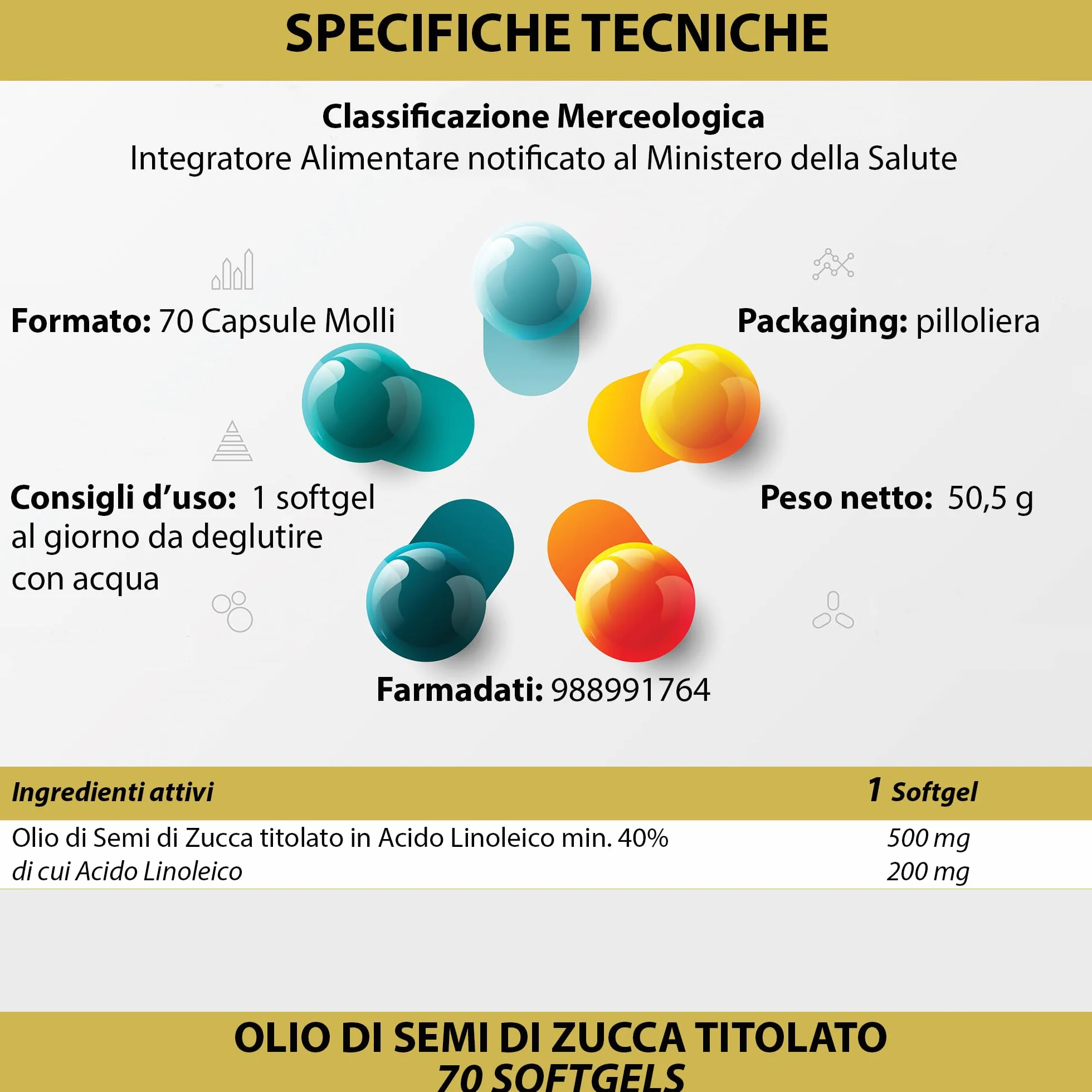 Semi di Zucca 280 Softgels | Olio Spremuto a Freddo con Omega 3, 6, 9, Acido Linoleico e Oleico