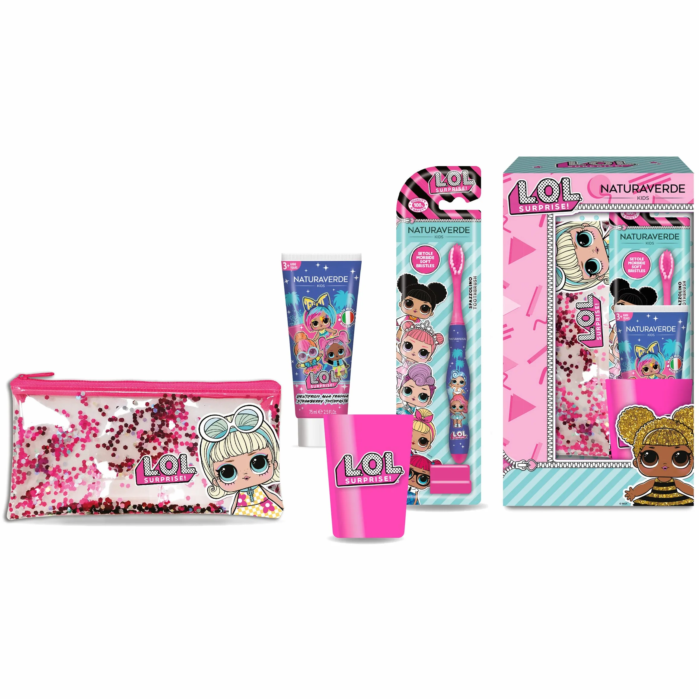 Naturaverde | Kids - Oral Care Set, Spazzolino da Denti Manuale con Setole Morbide, Dentifricio alla Fragola da 75ml, Bicchierino e Pochette Glitter