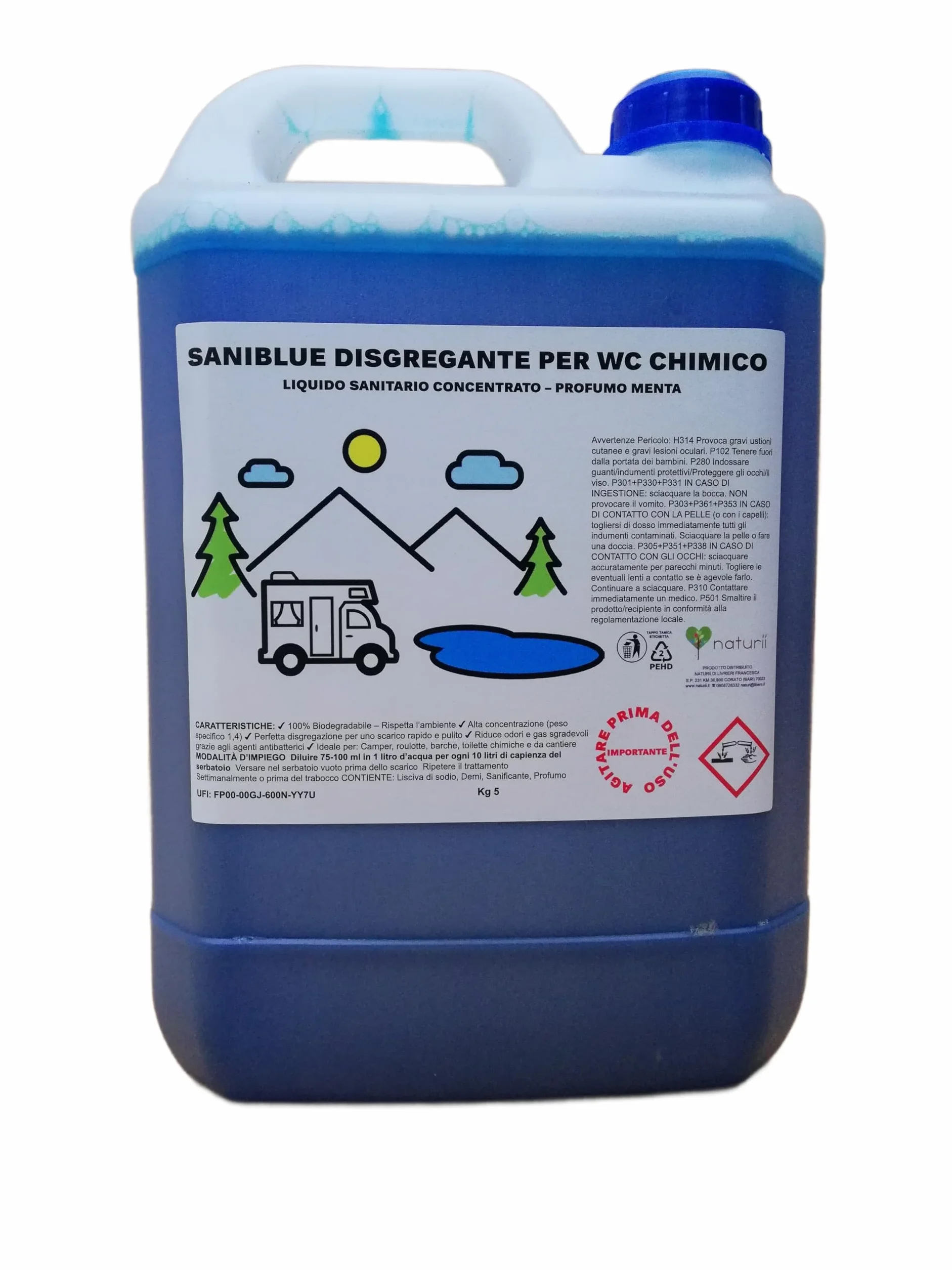 Saniblue Liquido Sanitario Disgregante Concentrato per Wc Chimico, 5 kg per Serbatoio Camper, roulotte Gabinetto da Campeggio, Acque Nere, WC Portatile portatili Toilette chimiche profumo agrumi