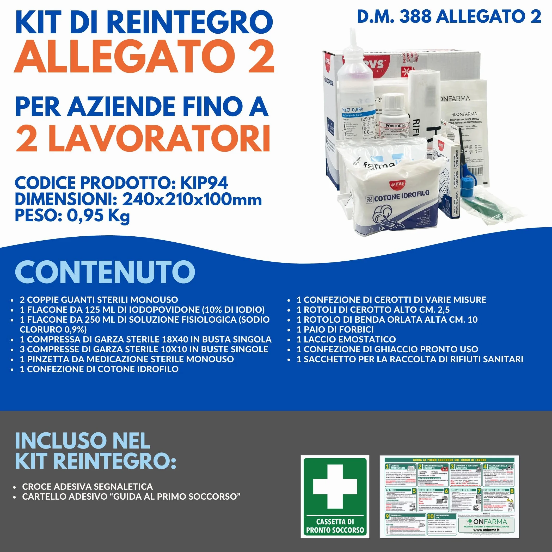ONFARMA KIT PRIMO SOCCORSO COMPLETO DM 388 allegato 2 per aziende fino 2 lavoratori