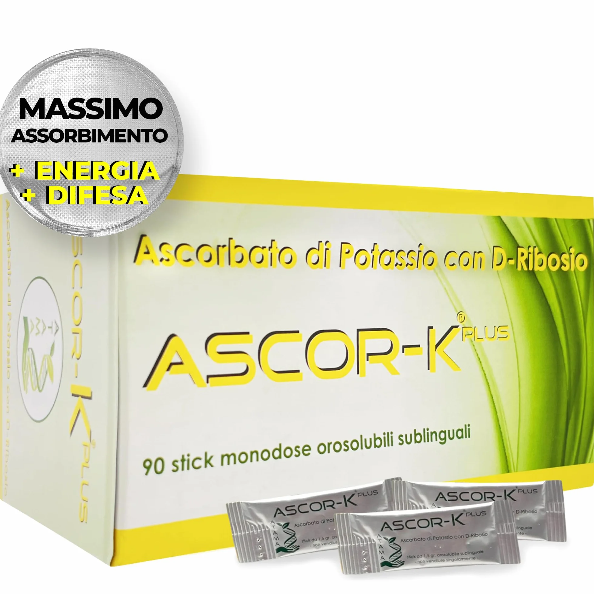 Ascorbato di Potassio con D-Ribosio – Ascorbato di Potassio Potenziato - Ascor-Kplus | Rafforza il Sistema Immunitario | Integratore Energia Naturale | Nuova Formulazione - 90 Stick Sublinguali