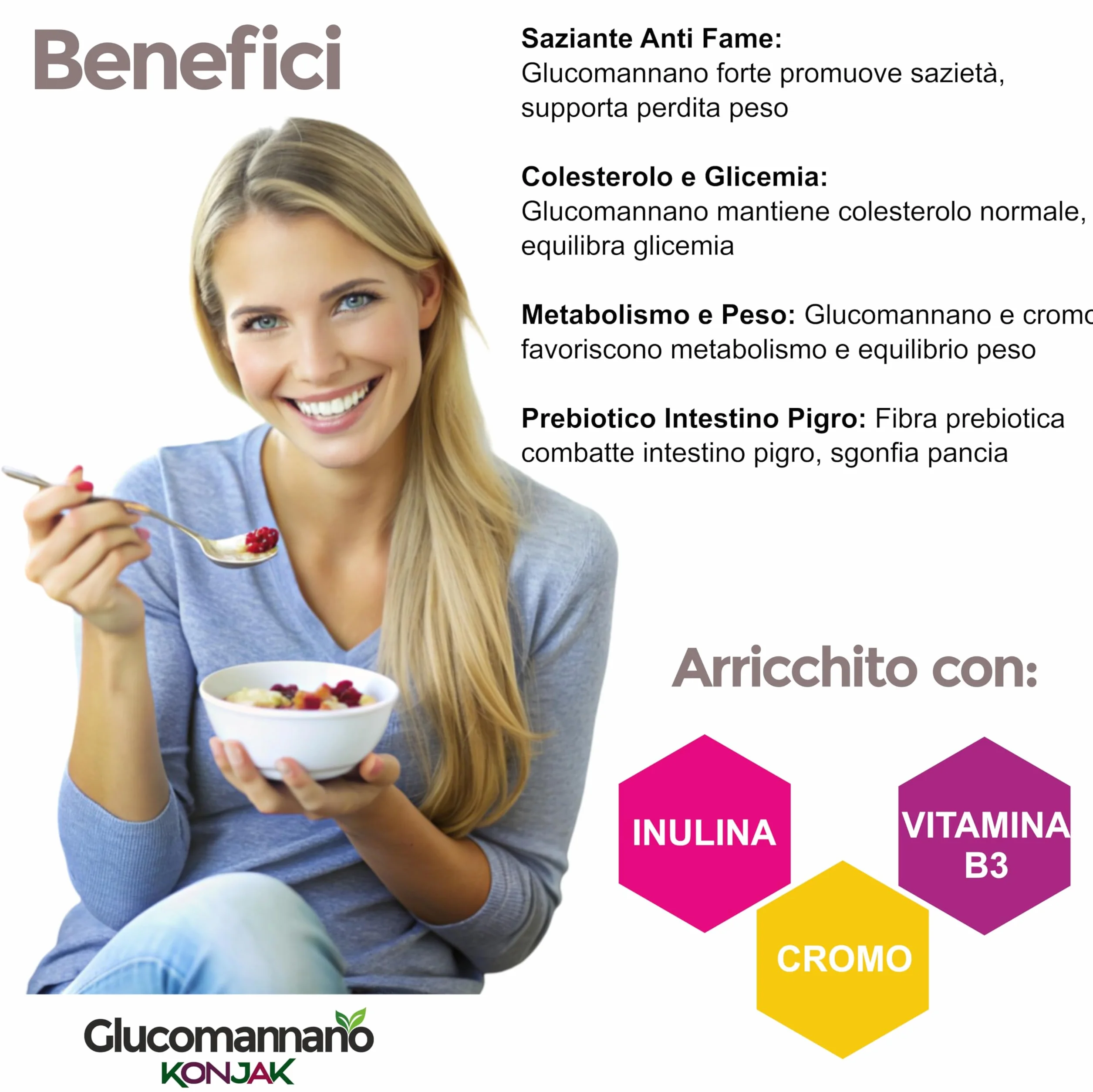 Glucomannano Capsule con Inulina, Cromo e Vitamina B3 – Fibra Alimentare – 180 Capsule Vegane – J.Armor Pharma