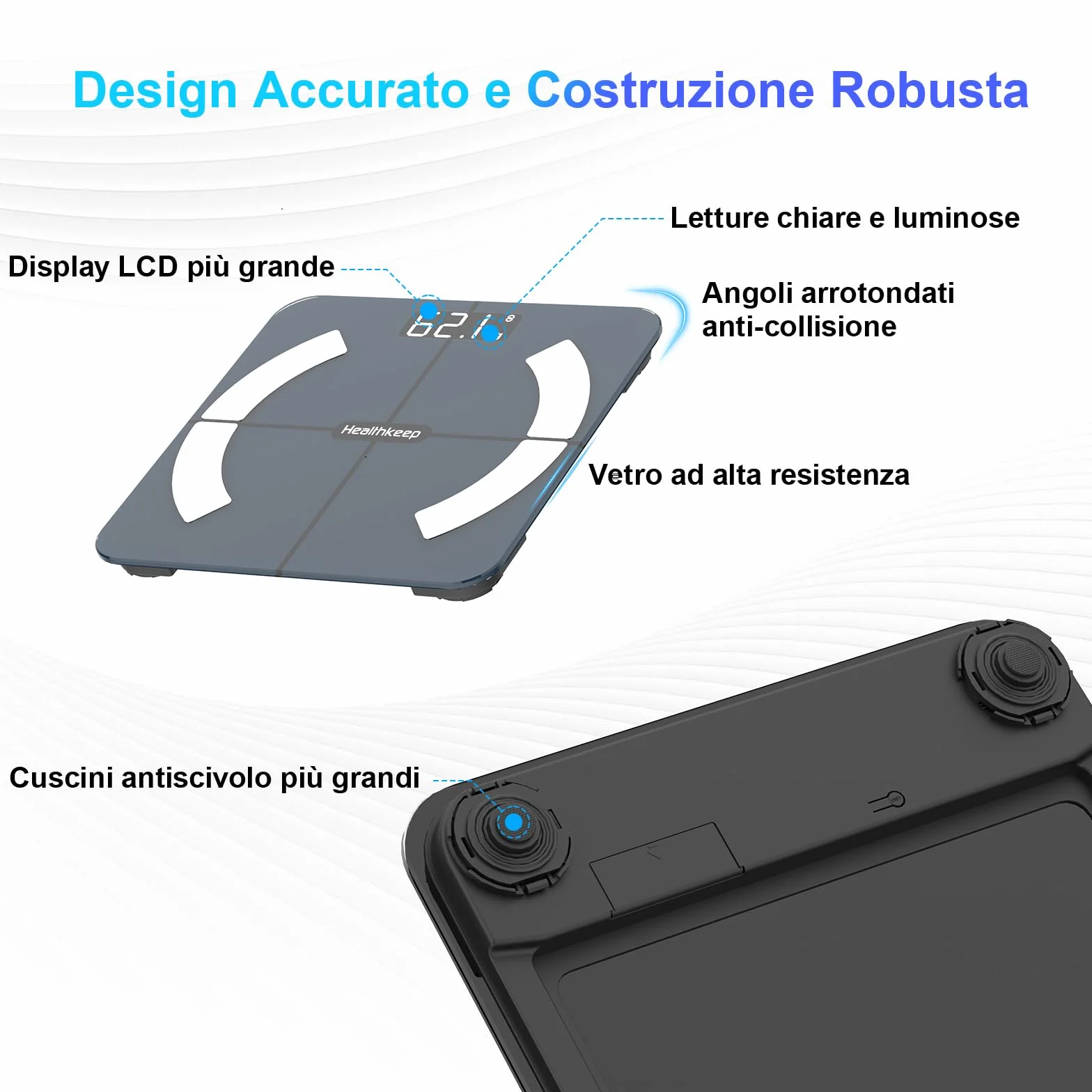 Healthkeep Bilancia Persona di Alta Precisione Impedenzimetro Bluetooth con App 13 Metriche Salute Max 180kg/400lb - Blu
