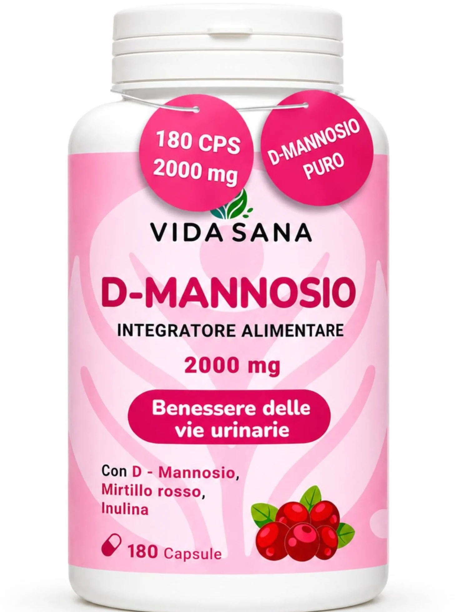 D-Mannosio Puro 2200 mg con Mirtillo Rosso 180 Capsule Integratore per Vie Urinarie e Cistite