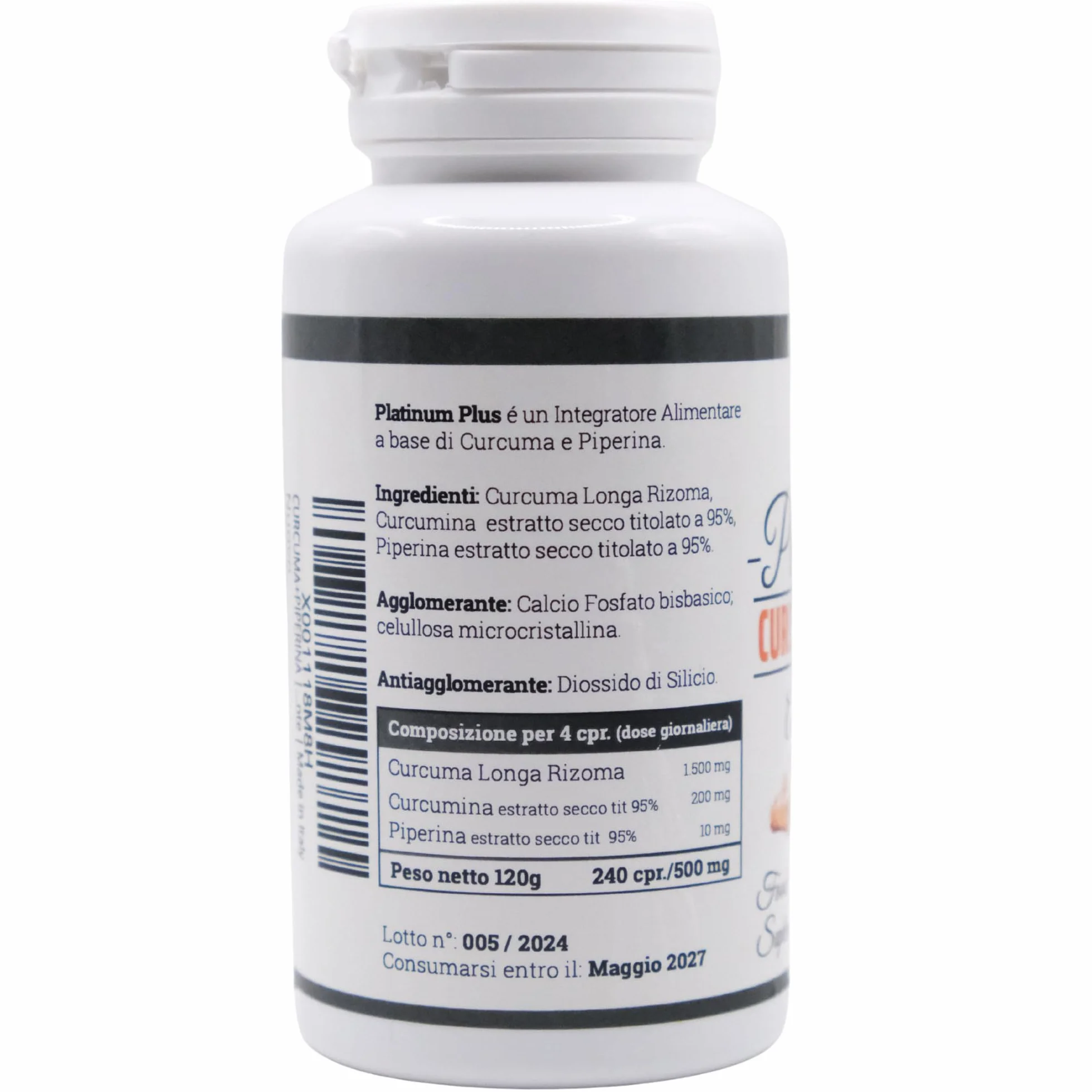 Curcuma + Piperina Platinum Plus 240 Compresse Naturali Made in Italy
