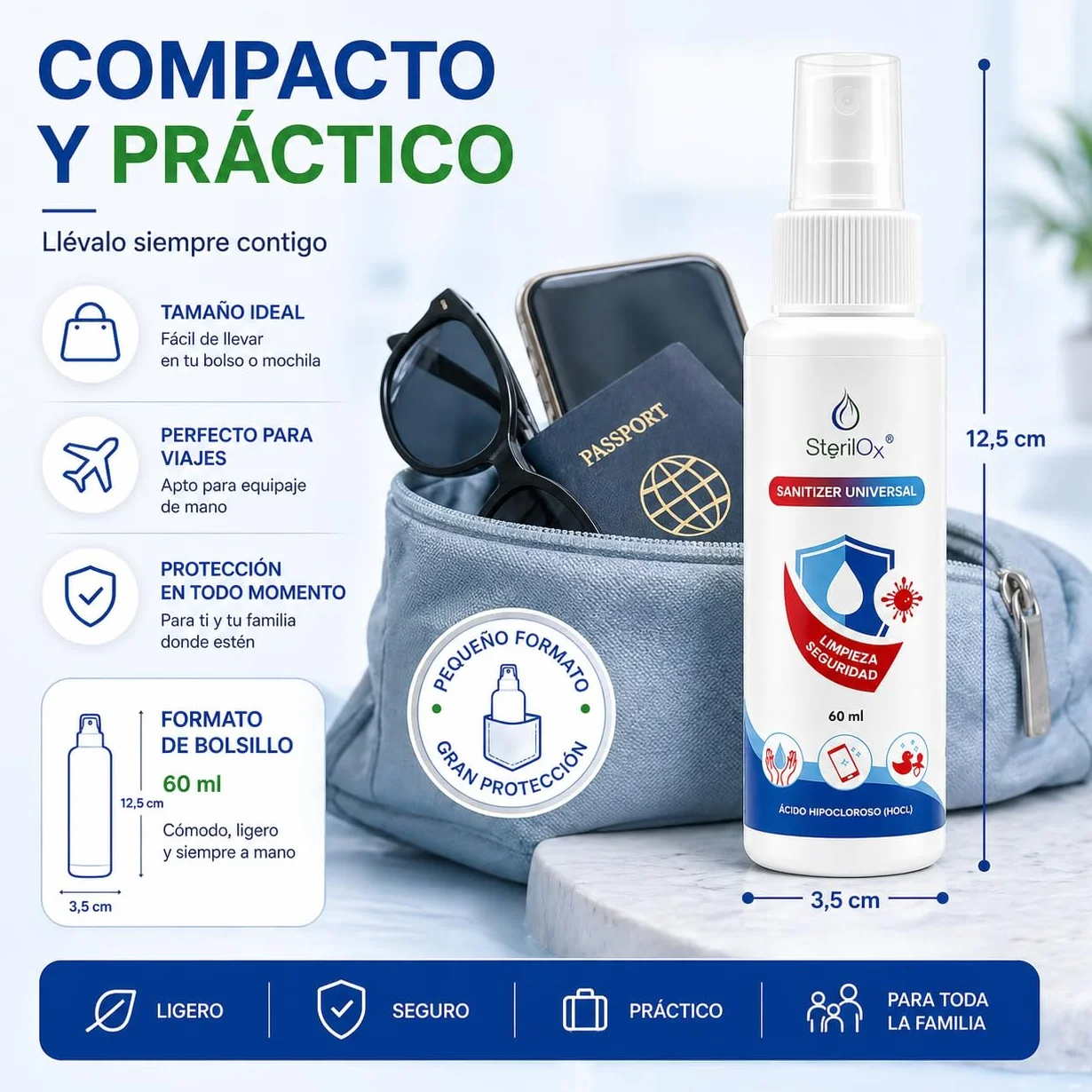 Spray cosmetico antisettico 60 ml senza alcool senza profumo con acido ipocloroso HOCl per mani giocattoli piatti