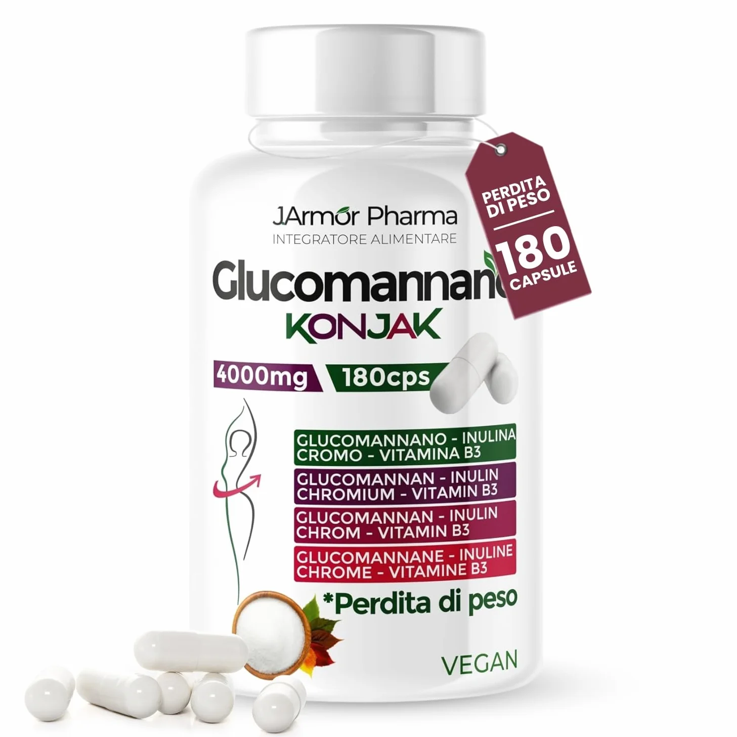 Glucomannano Forte Purificato 4000mg 180 Cps Perdita di Peso Controllo Fame Saziante Drenante
