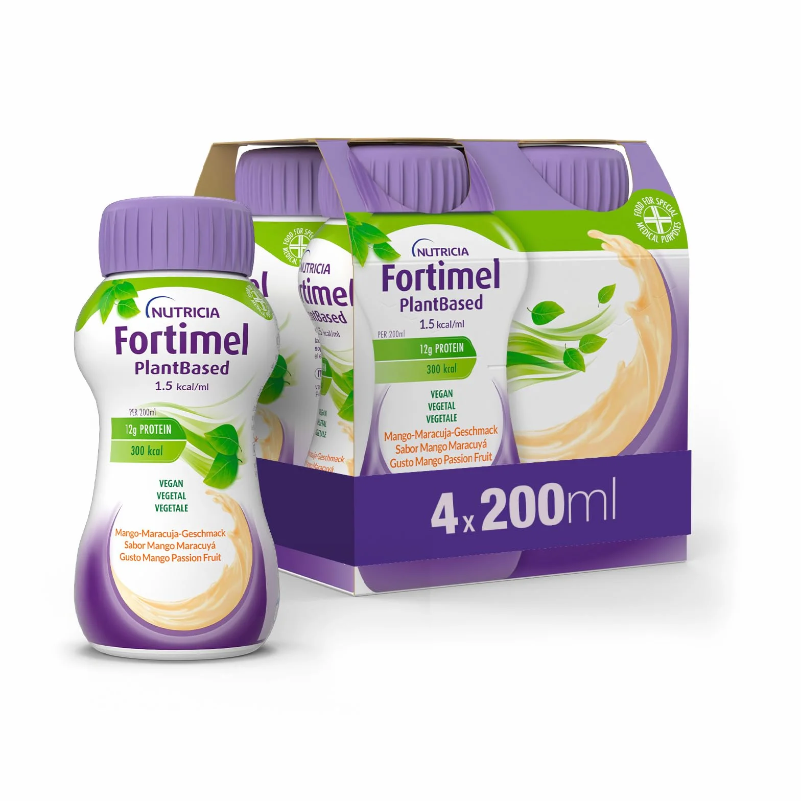 Nutricia Fortimel PlantBased Protein, Alimento a Fini Medici Speciali Indicato per la Gestione Dietetica della Malnutrizione, Vegano, Senza Lattosio, Gusto Mango e Passion Fruit - 4 x 200ml