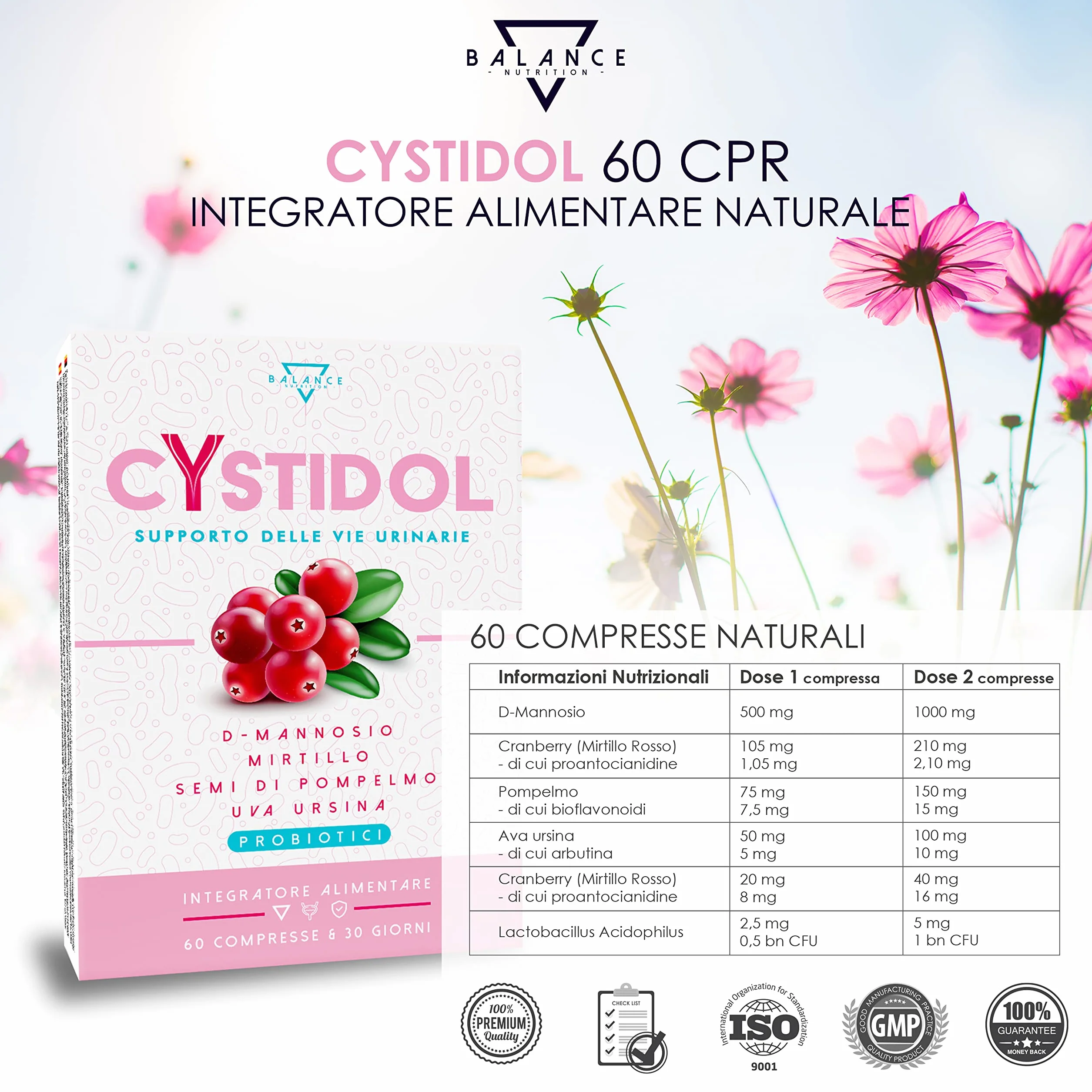 CYSTIDOL® D-Mannosio Integratore Cistite con Mirtillo Rosso Probiotici Semi di Pompelmo Cranberry 60 Compresse