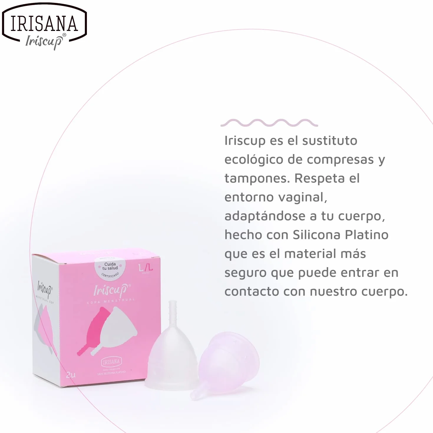 Irisana - Coppetta Mestruale - Confezione da 2 Unità - Taglia L - Rosa e Trasparente - 9 x 6 x 10 cm - Silicone Chirurgico - Compatibile con IUD - Modello Iriscup