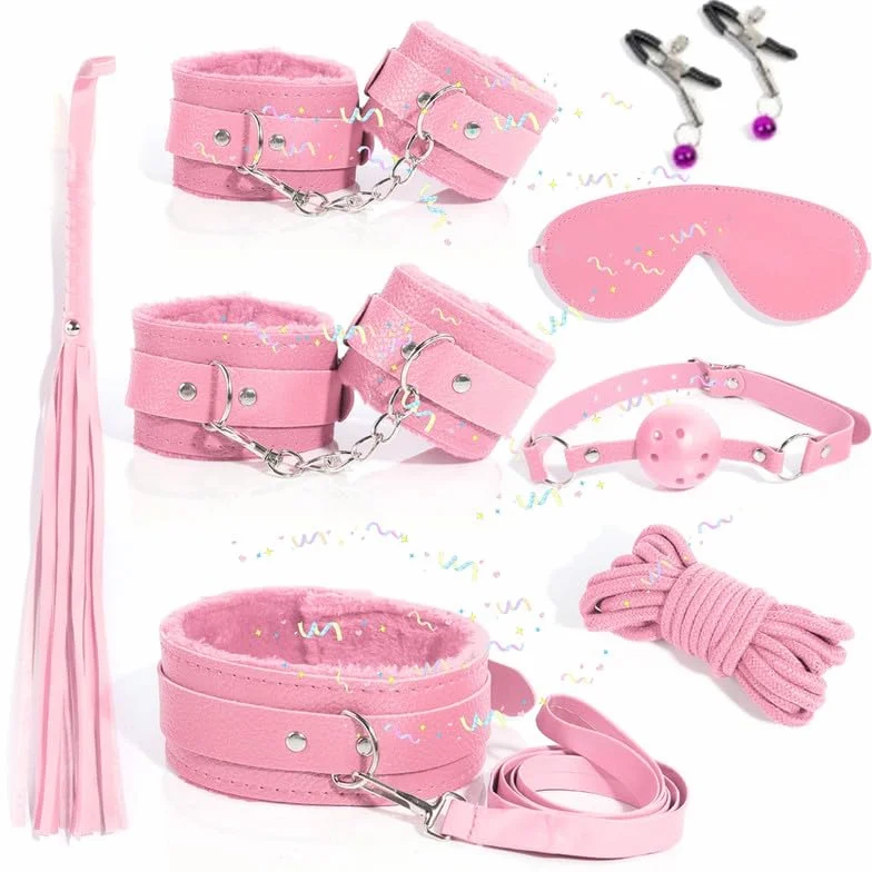 Set di Otto Pezzi di Lychee Modellato Rosa Regolabile Accessori per Il Piacere all'Interno, Fascia Elastica Morbida Come Regalo di Coppia, Manette Erotiche
