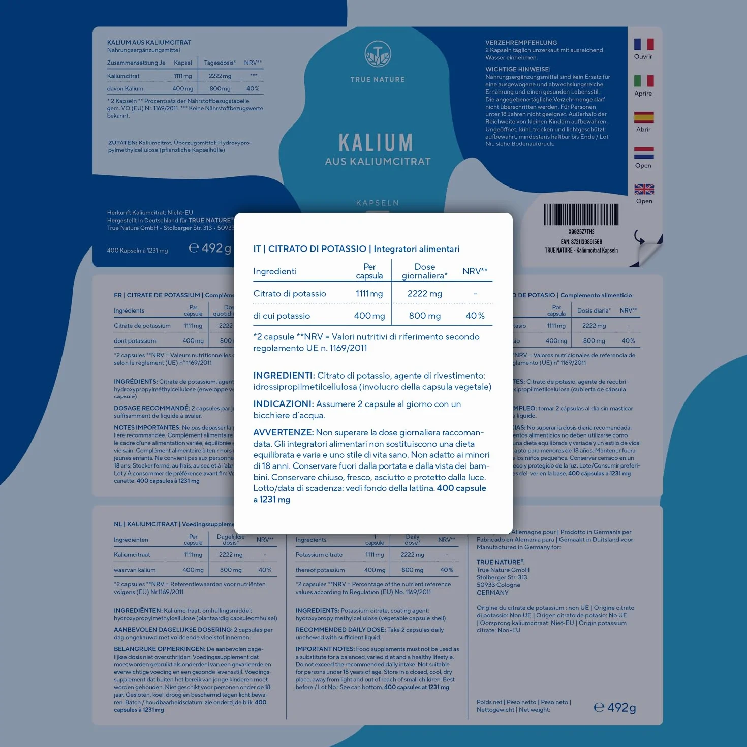 Potassio – 2.222 mg al giorno – 400 capsule – Citrato di potassio con potassio elementare – Scorta per 6 mesi – Vegano e senza additivi - testato in Laboratorio, produzione Tedesca – TRUE NATURE®