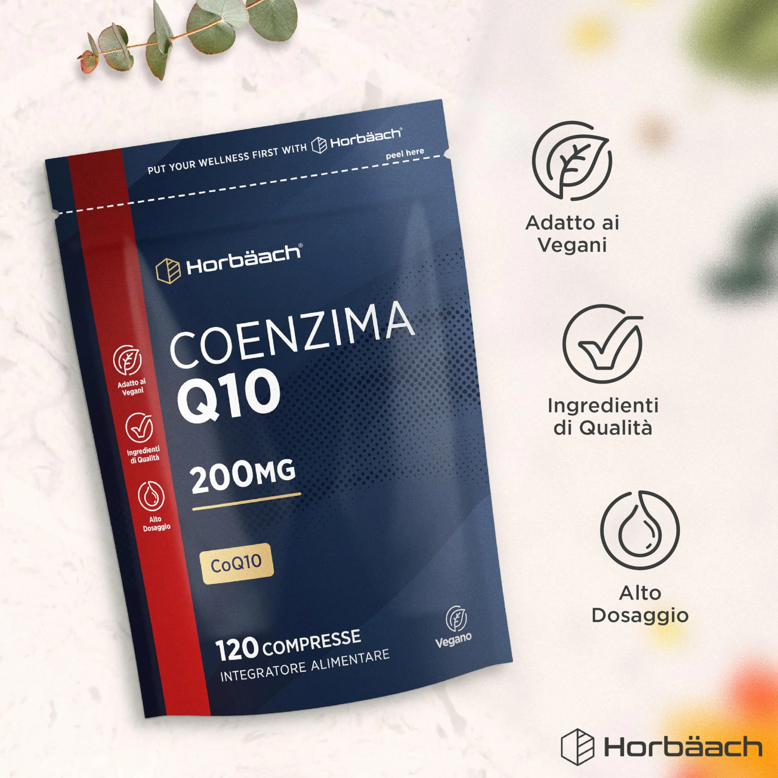 Coenzima Q10 200mg | CoQ10 200mg | 120 compresse | Adatto a vegetariani e vegani | Horbaach
