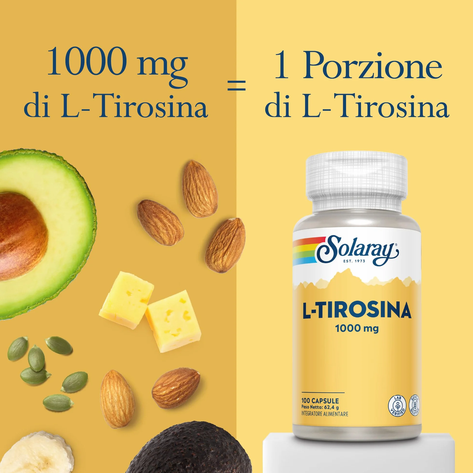 Solaray L-Tirosina 1000mg 100 Capsule Integratore di Aminoacidi Essenziali