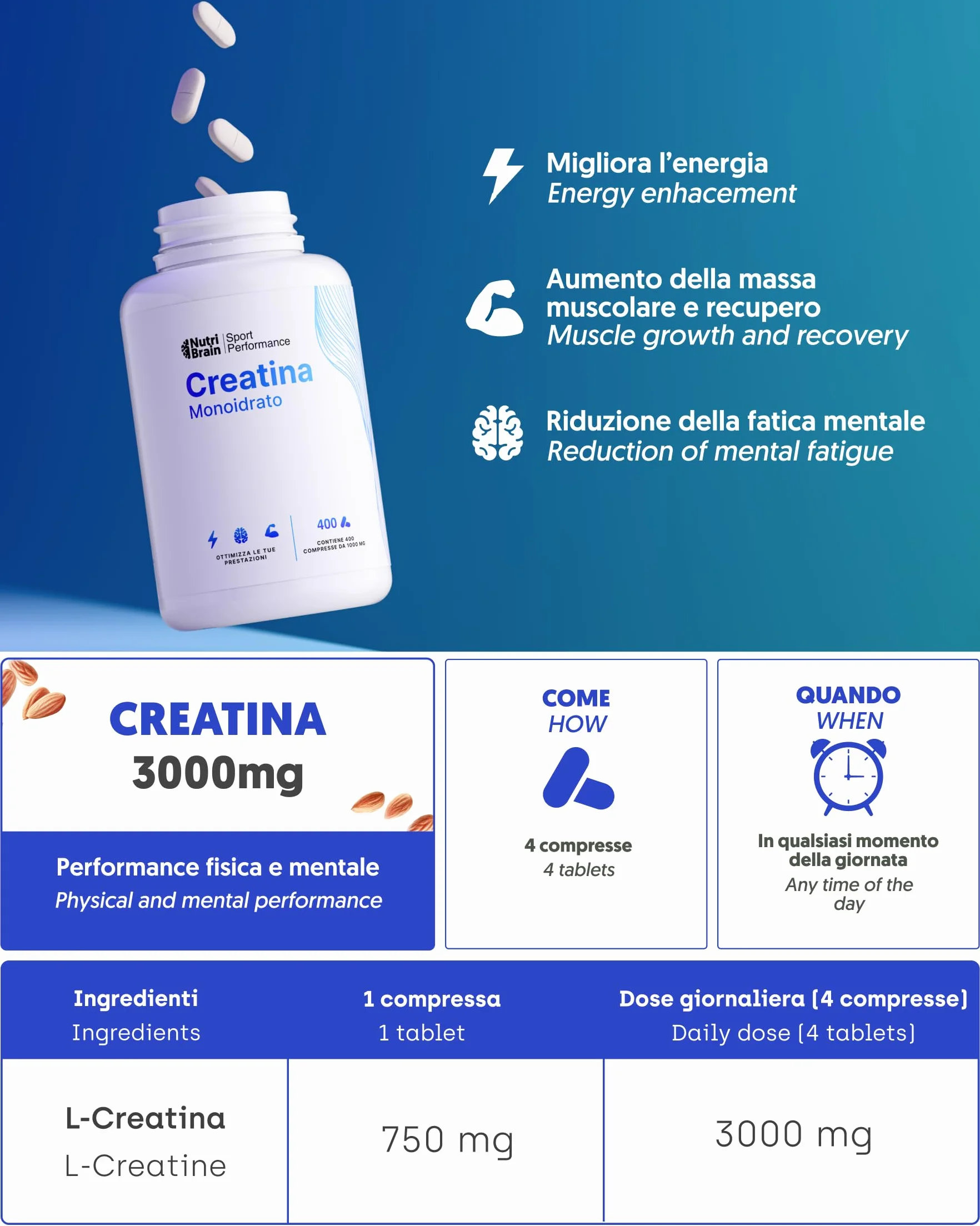 Creatina Monoidrata 3000 mg – 400 compresse | Migliora la forza, la massa muscolare, l'endurance, il recupero, l'energia e l'agilità mentale | Vegana, Senza Glutine, Senza OGM | Per Uomo e Donna