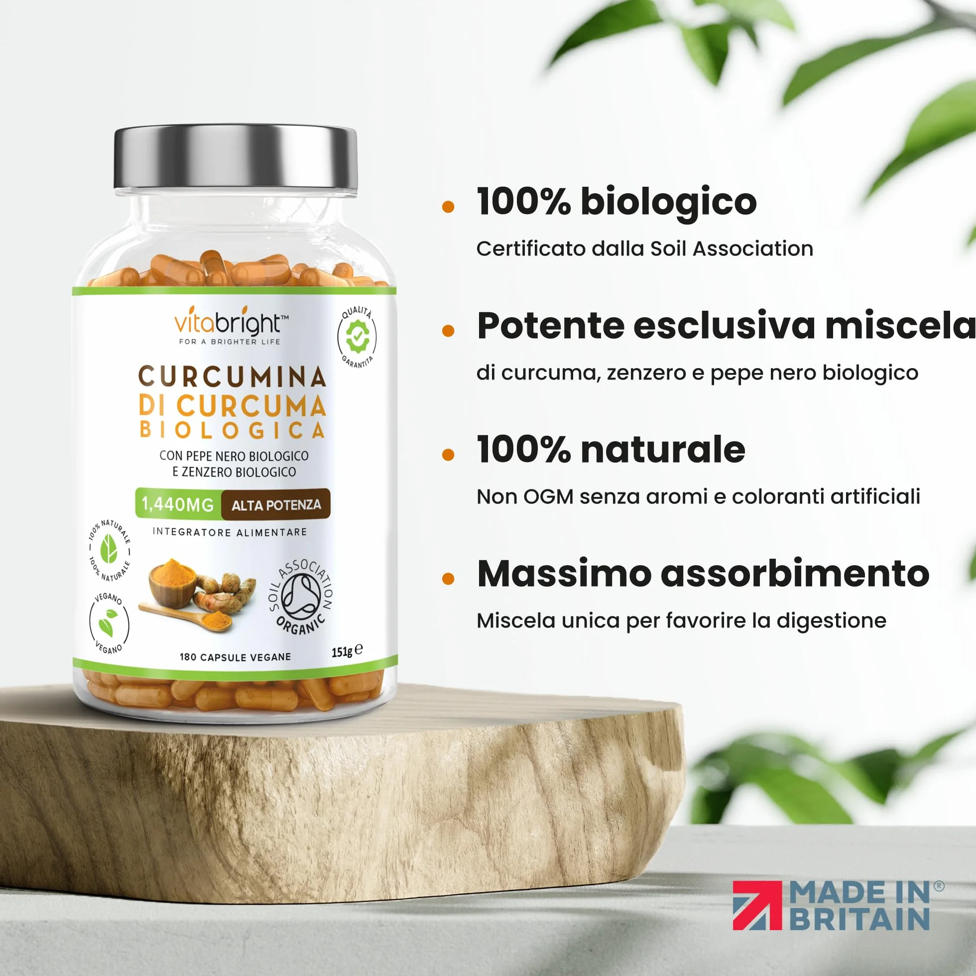 Bio Curcuma Capsule 1440 mg 180 Capsule Integratore Alimentare Biologico VitaBright Curcuma Longa Complex