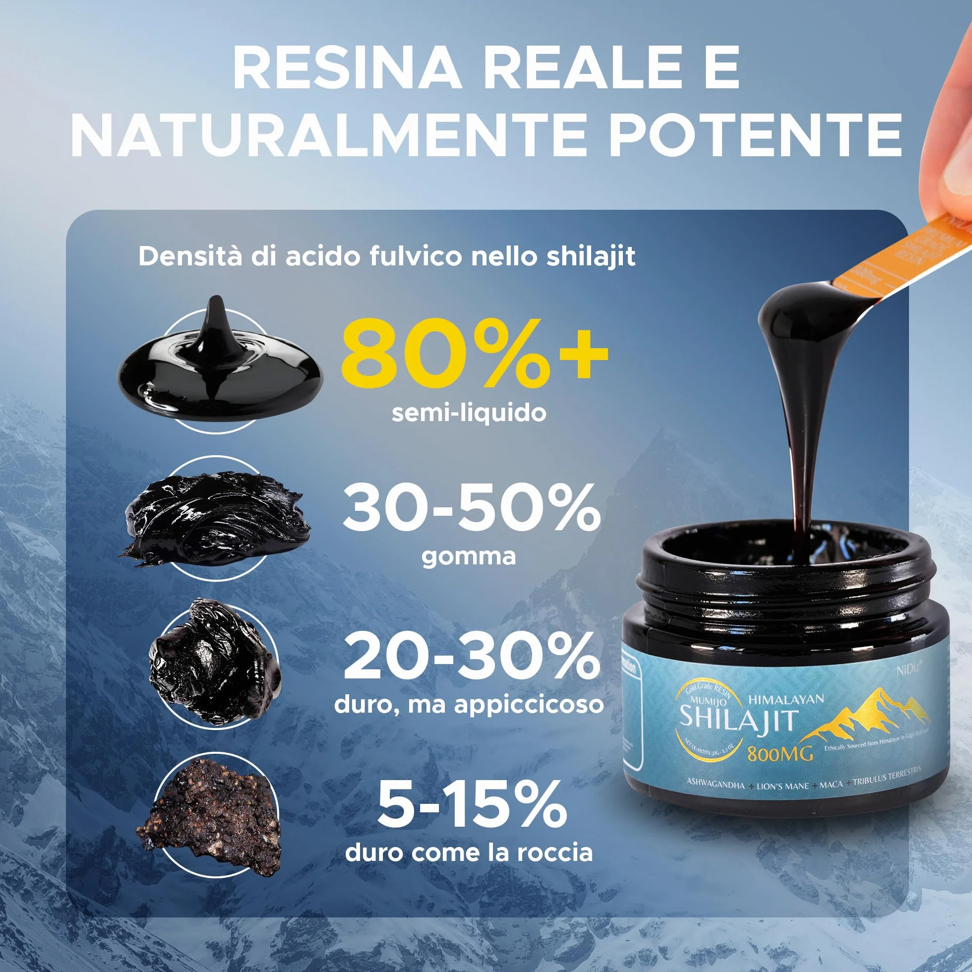 100% Shilajit Himalayano Puro 800MG, Erbe Ayurvediche 5 in 1, Testate in Laboratorio in Europa, 50g