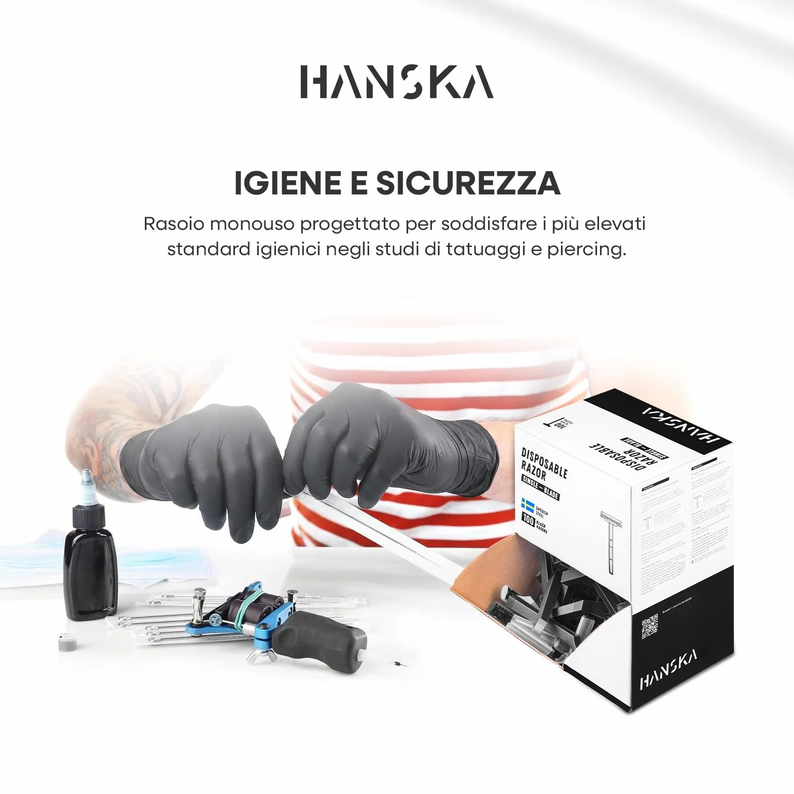 HANSKA Tattoo Supply - Rasoio usa e getta per tatuatori - Nero - Lama in acciaio di alta qualità - Confezione da 100 pezzi - Rasatura comoda (MONOLAMA)