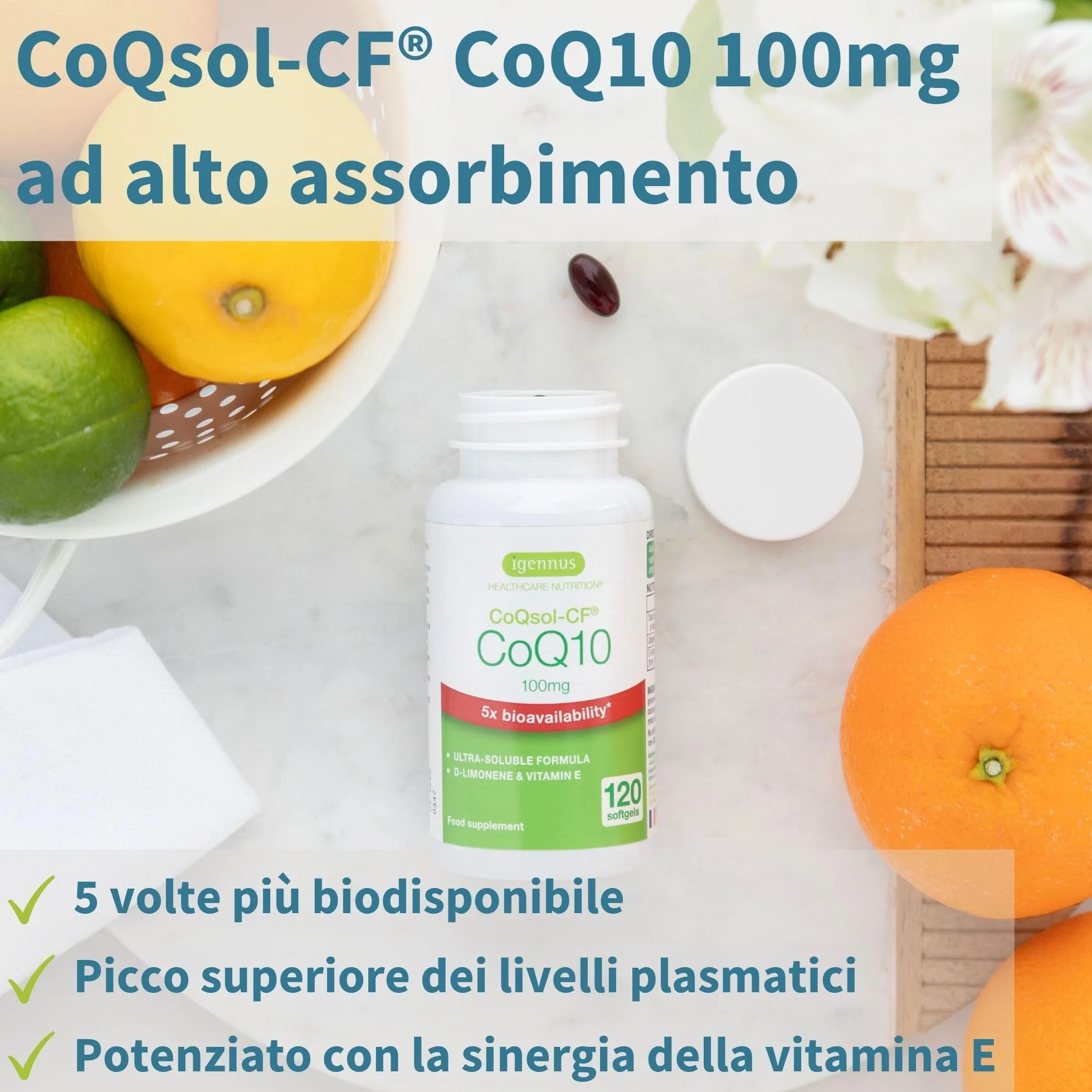 Igennus Integratore CoQ10, Coenzima Q10 100mg, 120 Softgels (4 mesi), Biodisponibilità 5x Superiore, Formula Ultra-Solubile CoQsol-CF, Ubichinone Potenziato con Vitamina E e D-Limonene, 1 al giorno