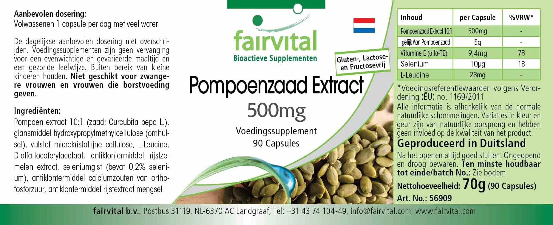 Fairvital | Estratto di semi di zucca 500 mg - 90 capsule - concentrato 10 volte con selenio e vitamina E - altamente dosato - vegano