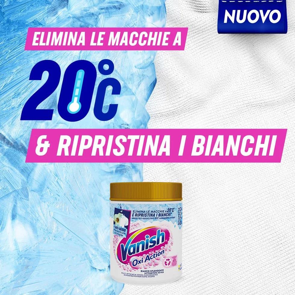 Vanish Oxi Action Multipower Polvere Bianco Splendente, Smacchiatore per Capi Bianchi, 1 Confezione da 1Kg per Bucato, Additivo Lavatrice Multiazione senza Candeggina