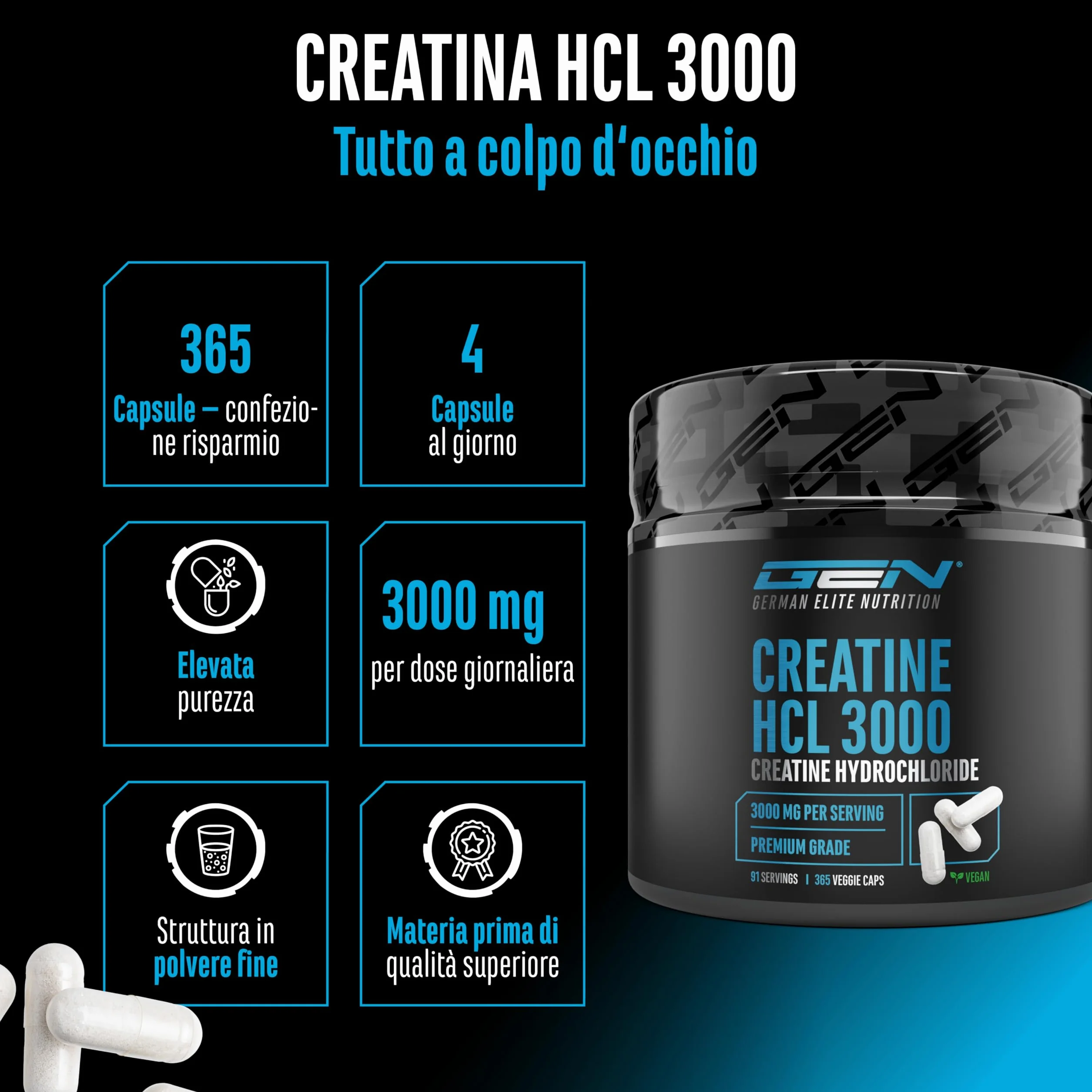 Creatine HCL - 365 capsule - Ad alto dosaggio con 3000 mg di cloridrato di creatina per dose giornaliera - Massimo assorbimento & biodisponibilità - 100% vegano