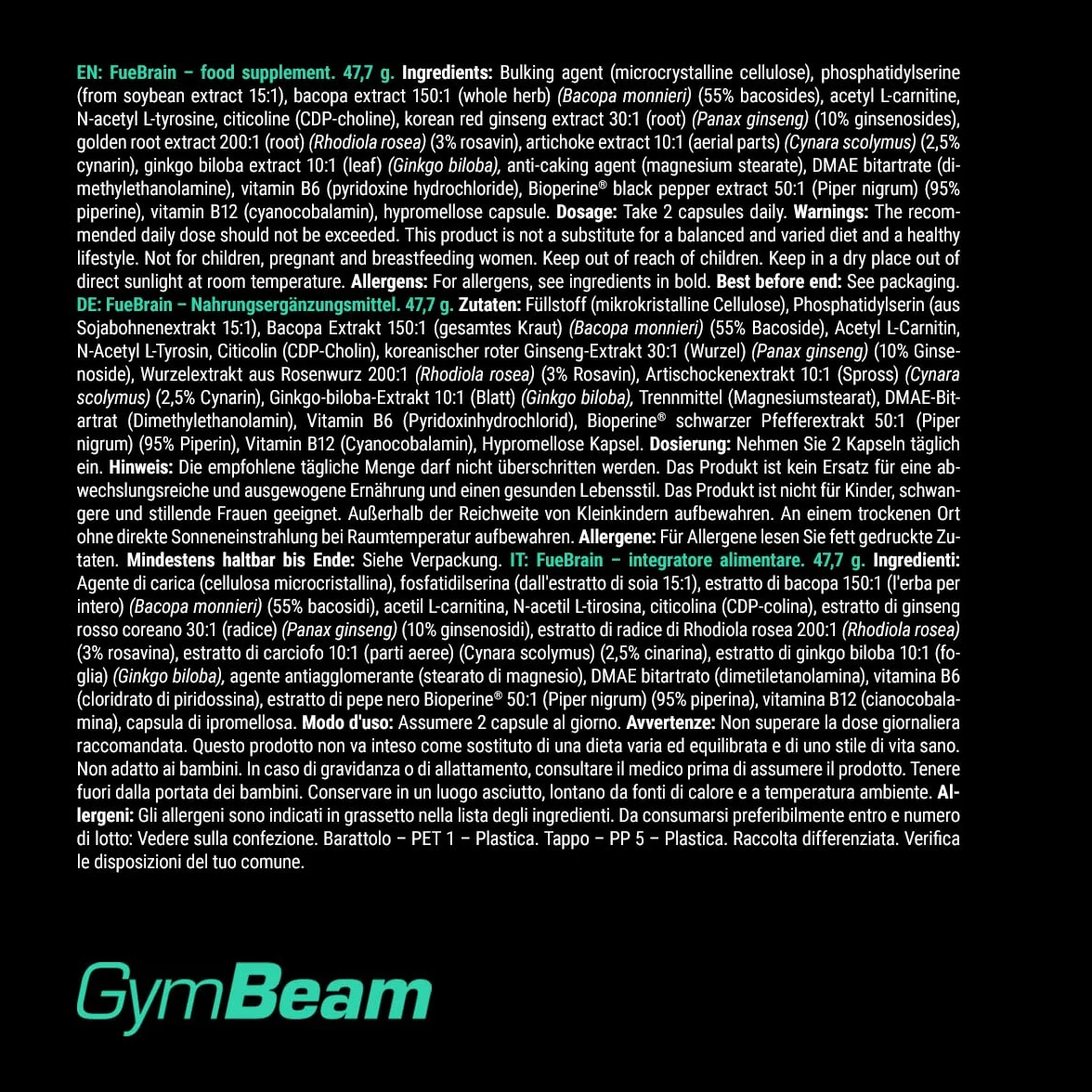 GymBeam FueBrain Nootropic - complesso con Ginkgo Biloba per sostenere le prestazioni mentali e la concentrazione, migliorare la memoria e le funzioni cognitive