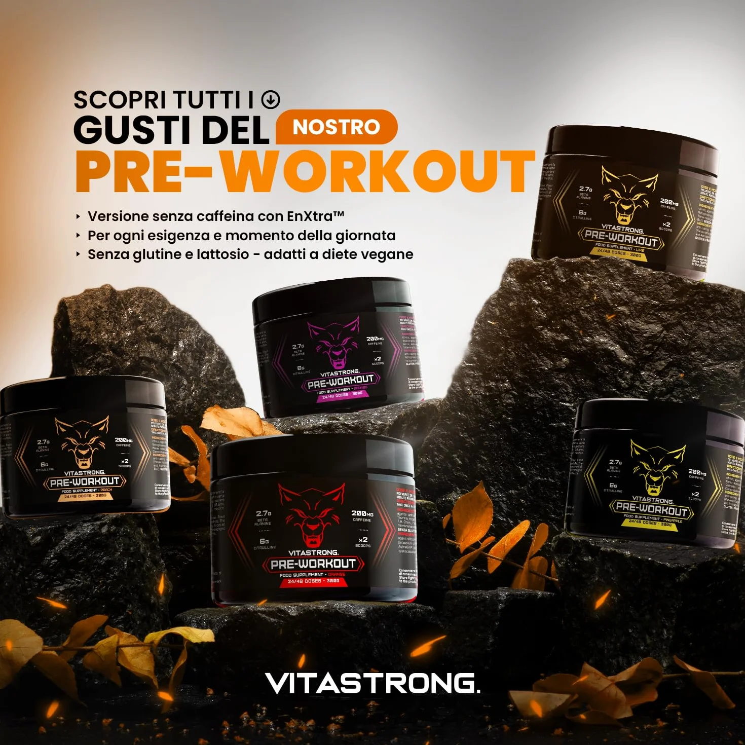 Pre Workout Potente 300g, con Vitamina B12, L Citrullina, Beta Alanina,Taurina, AstraGin, Vitastrong Pre Workout Made in Italy (24 Porzioni (Confezione da 1),Orange - No Caffeine)