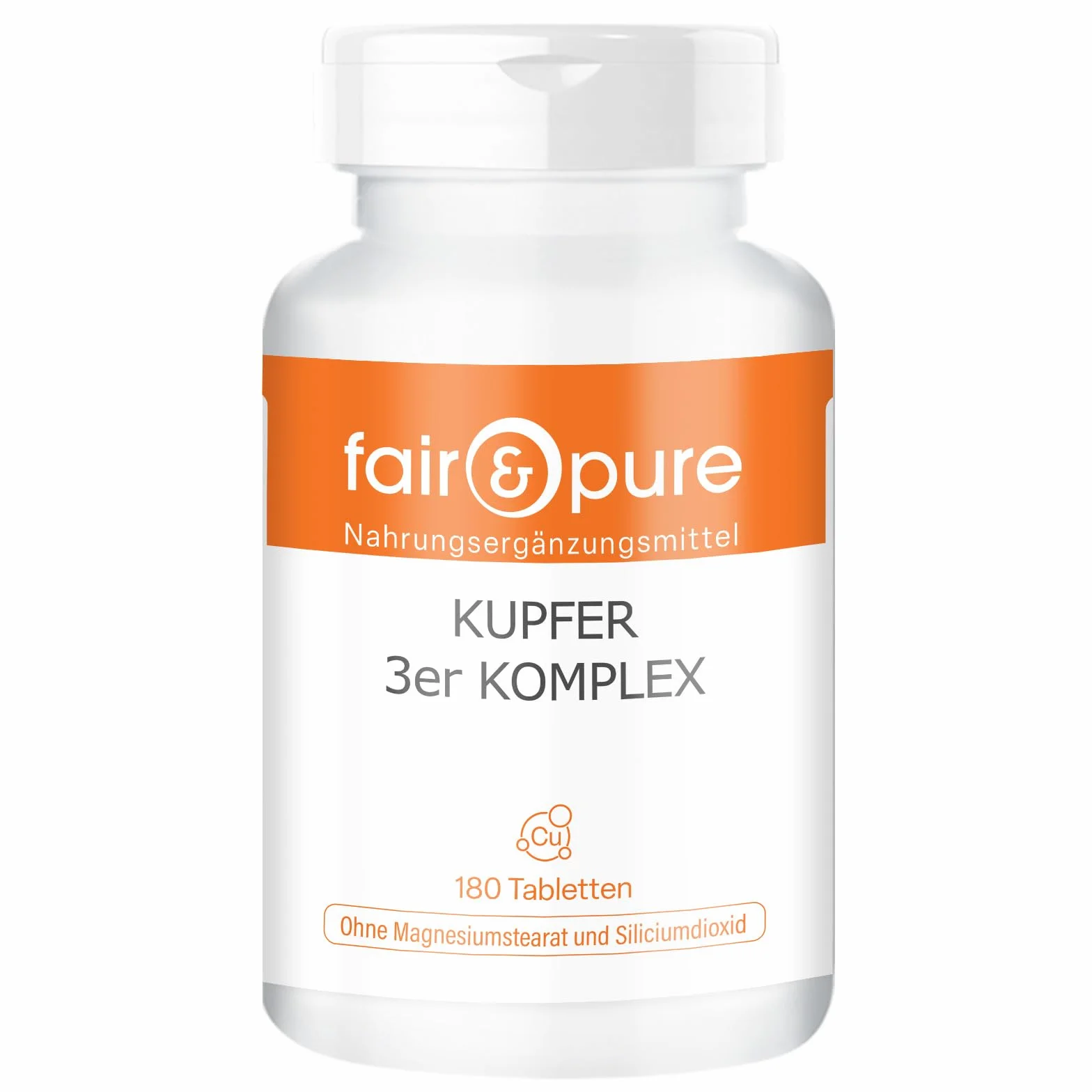 Fair & Pure Complesso di rame a 3 componenti, 180 compresse, 2 mg per compressa, facili da deglutire, integratore alimentare vegano senza additivi, prodotto in Germania