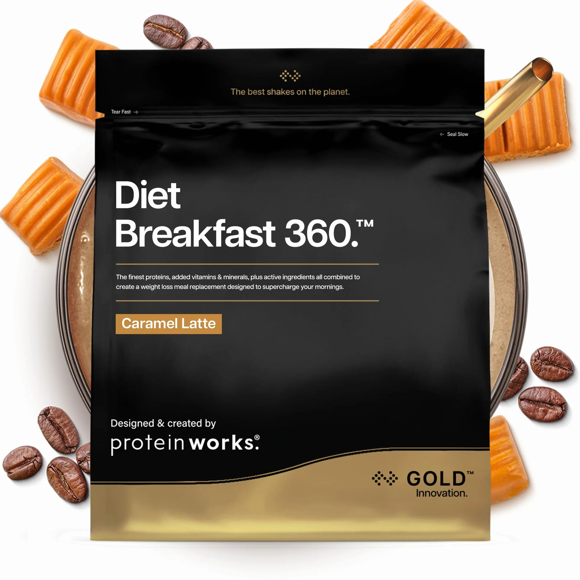 Protein Works | Diet Breakfast 360 – GOLD Innovation, Shake Colazione Sostitutivo Pasti Dietetico Salva-Tempo, Con Caffeina, Basso Zucchero, Caramel Latte, 36 Porzioni, 2kg