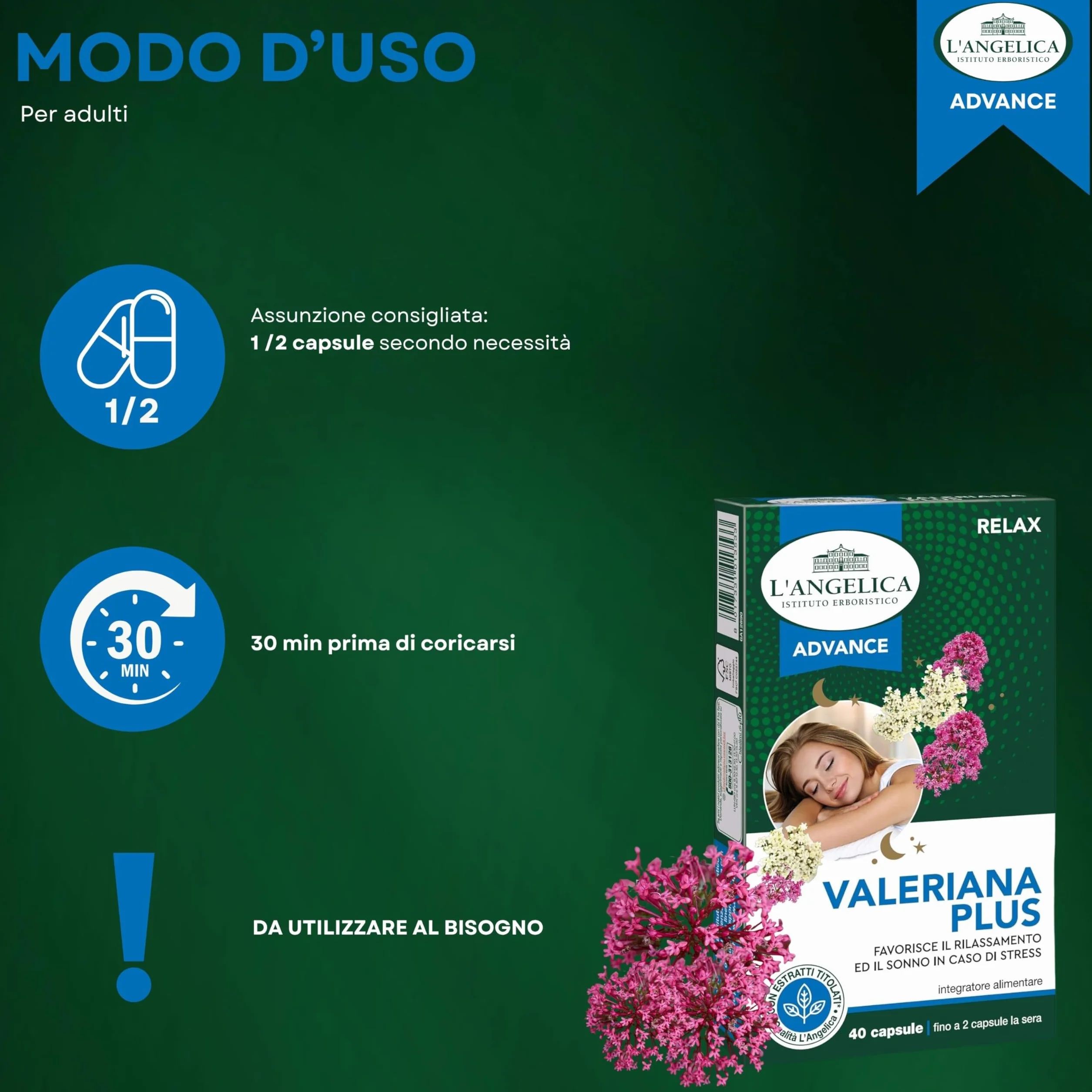 L'Angelica Advance, Valeriana Plus, Integratore Rilassante, 40 Capsule