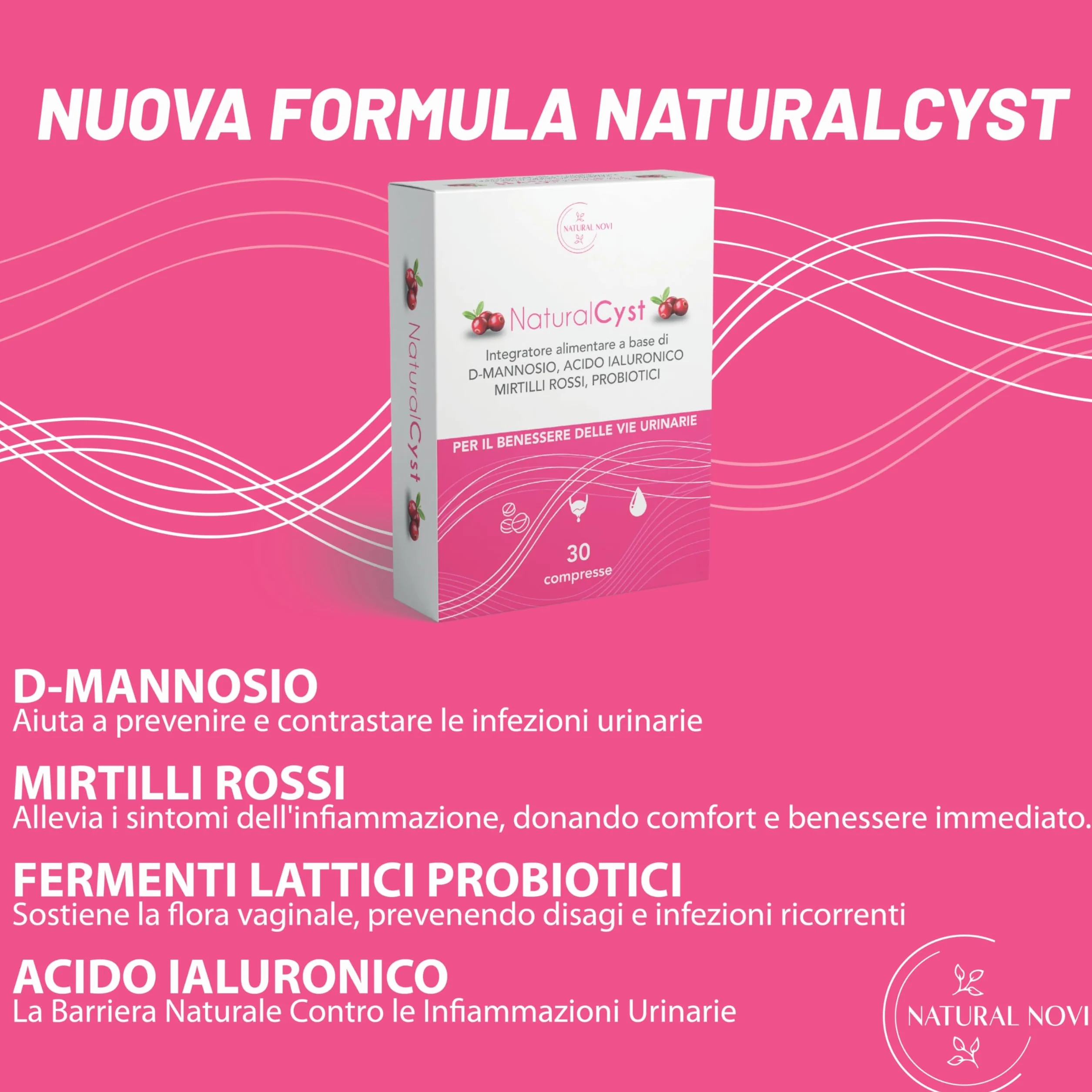 NaturalCyst® D-mannosio puro con fermenti lattici probiotici Acido Ialuronico Mirtillo rosso per Candida e infezioni vie urinarie Vegan