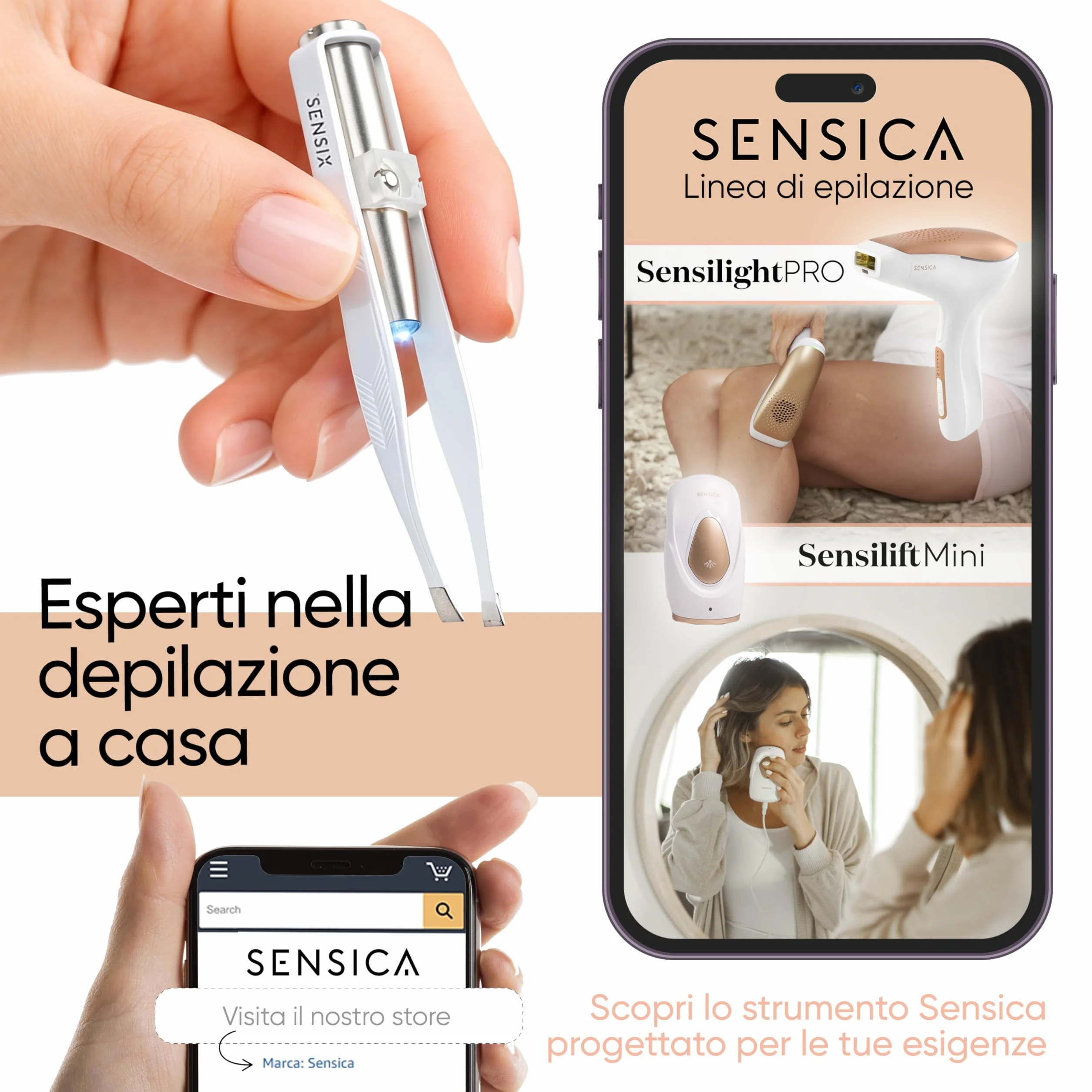 Sensica Pinzette Sopracciglia con Luce LED Professionali – Pinzette di Alta Precisione a Punta Obliqua in Acciaio Inox, Pinzette Luminose per Peli Incarniti e Viso, Idea Regalo Donna