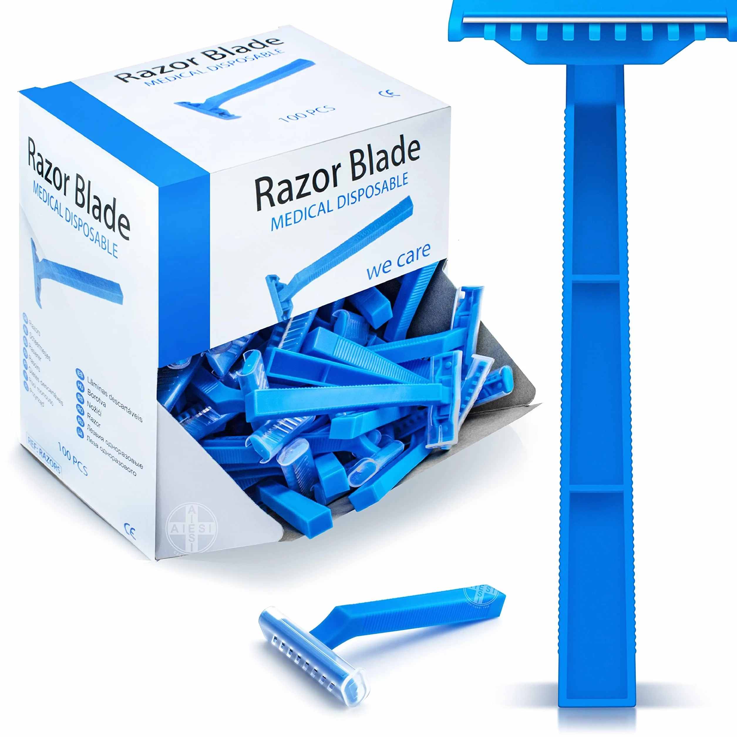 AIESI® Rasoi monouso per tricotomia monolama (100 pezzi) in acciaio inox con pettine e cappuccio di protezione
